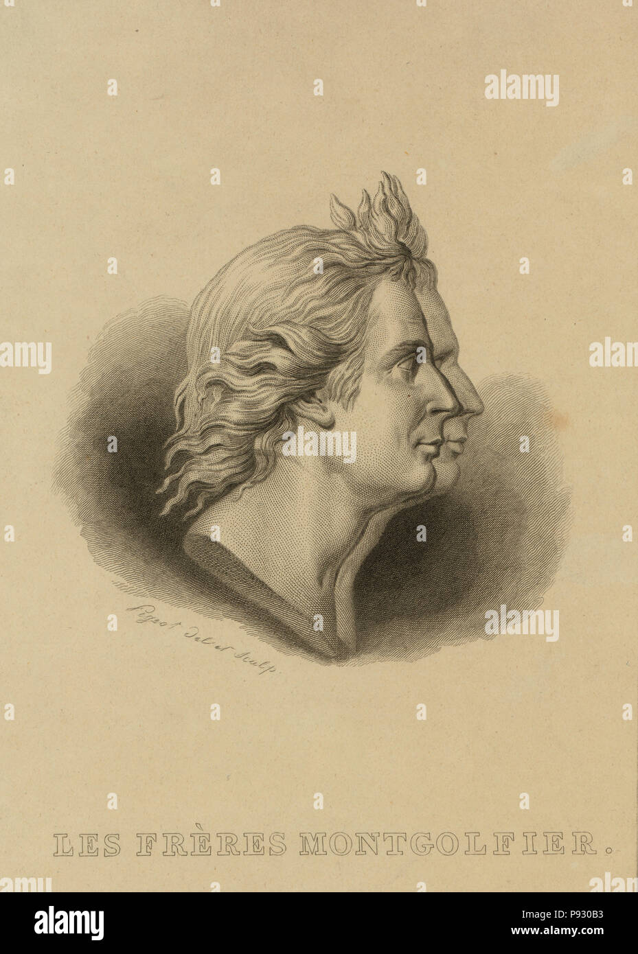 Buste-longueur profil double portrait des frères Montgolfier, le ballonists français. Après la médaille d'or conçu par Houdon. Banque D'Images