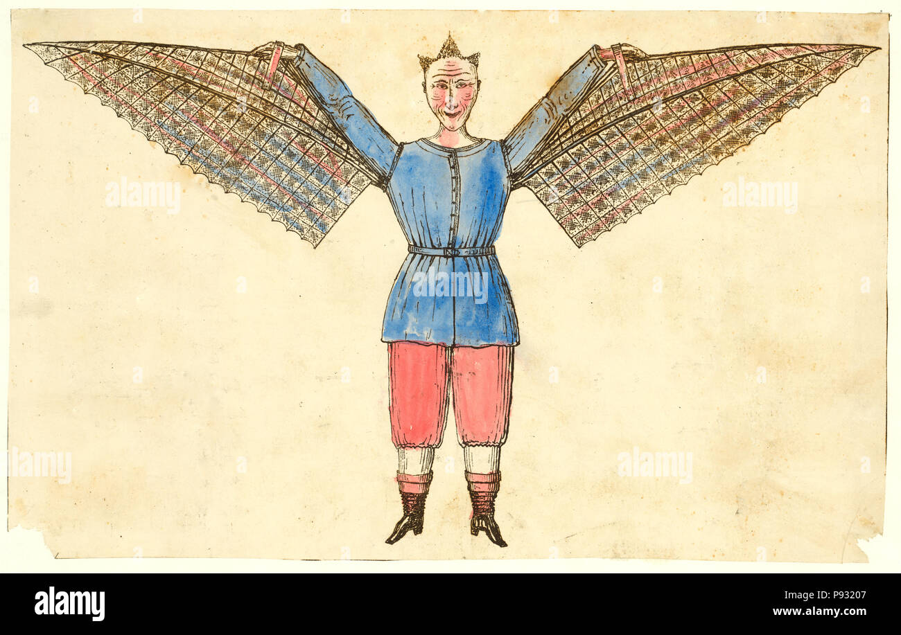 Portrait humoristique d'un homme qui vole avec des ailes attachées à sa tunique 1 800-1 830 ca Banque D'Images