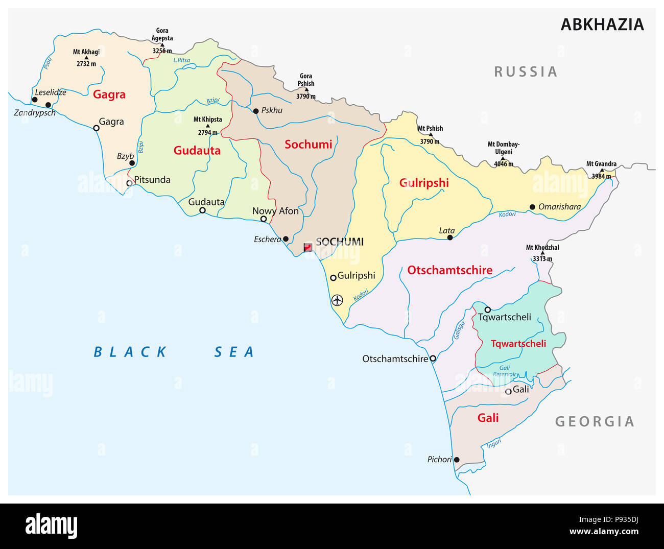 Administrative et politique de l'Abkhazie carte vectorielle. Banque D'Images