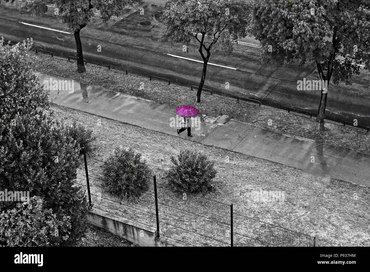 Femme avec parapluie rouge en descendant la rue de ville d'été à jour de pluie Banque D'Images