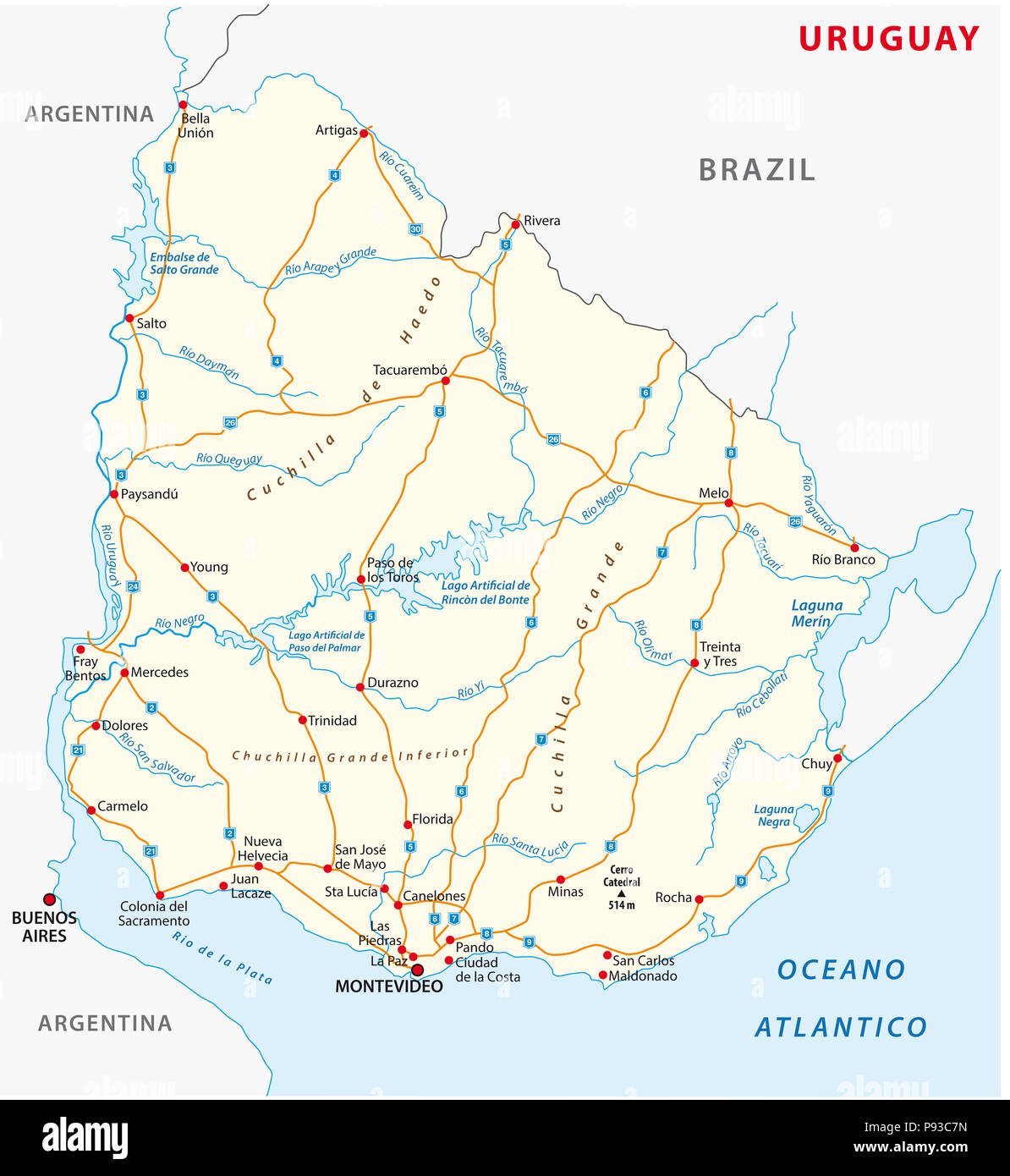 République orientale de l'Uruguay road carte vectorielle. Banque D'Images