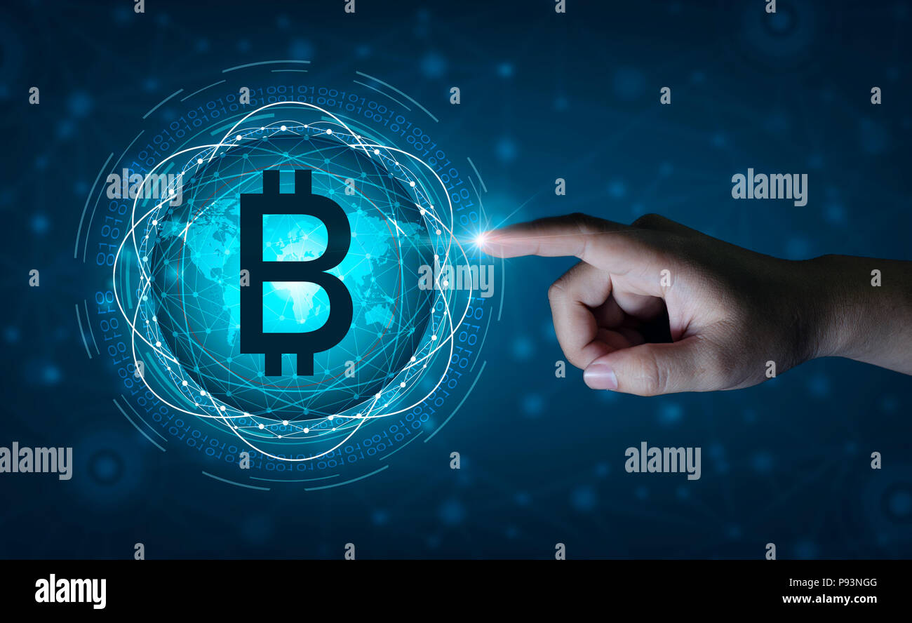 Bloc de Bitcoin carte du monde de la chaîne du système de sécurité de la monnaie numérique à l'activité financière dans le monde en ligne Banque D'Images