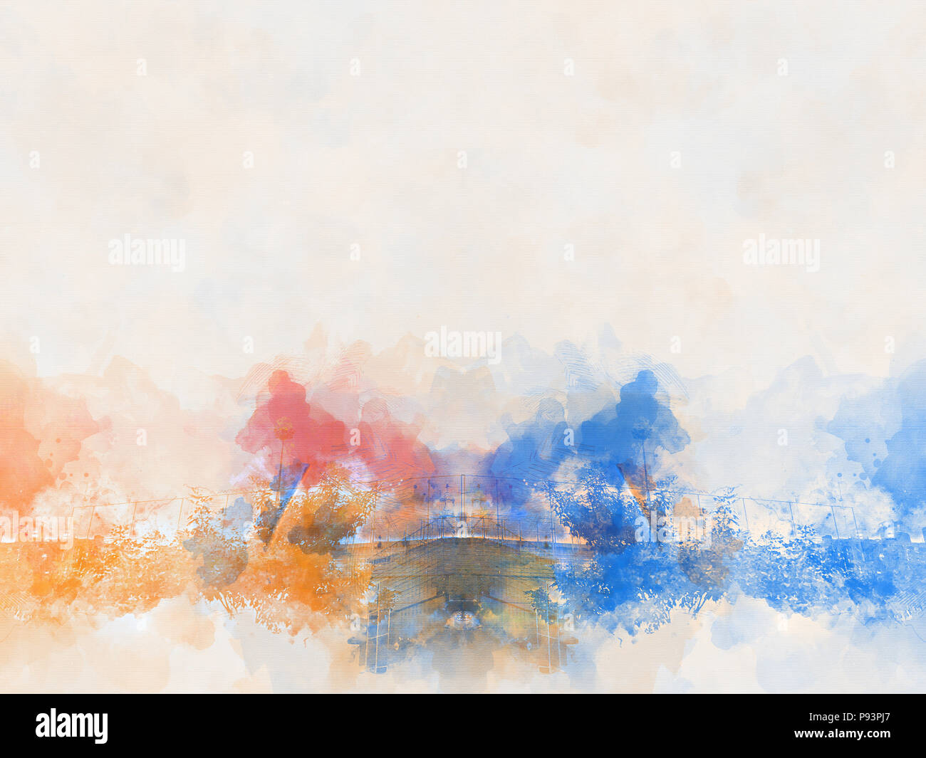 Résumé de bâtiment de bureaux sur fond de peinture à l'aquarelle. Illustration numérique sur la ville de brosse l'art. Banque D'Images