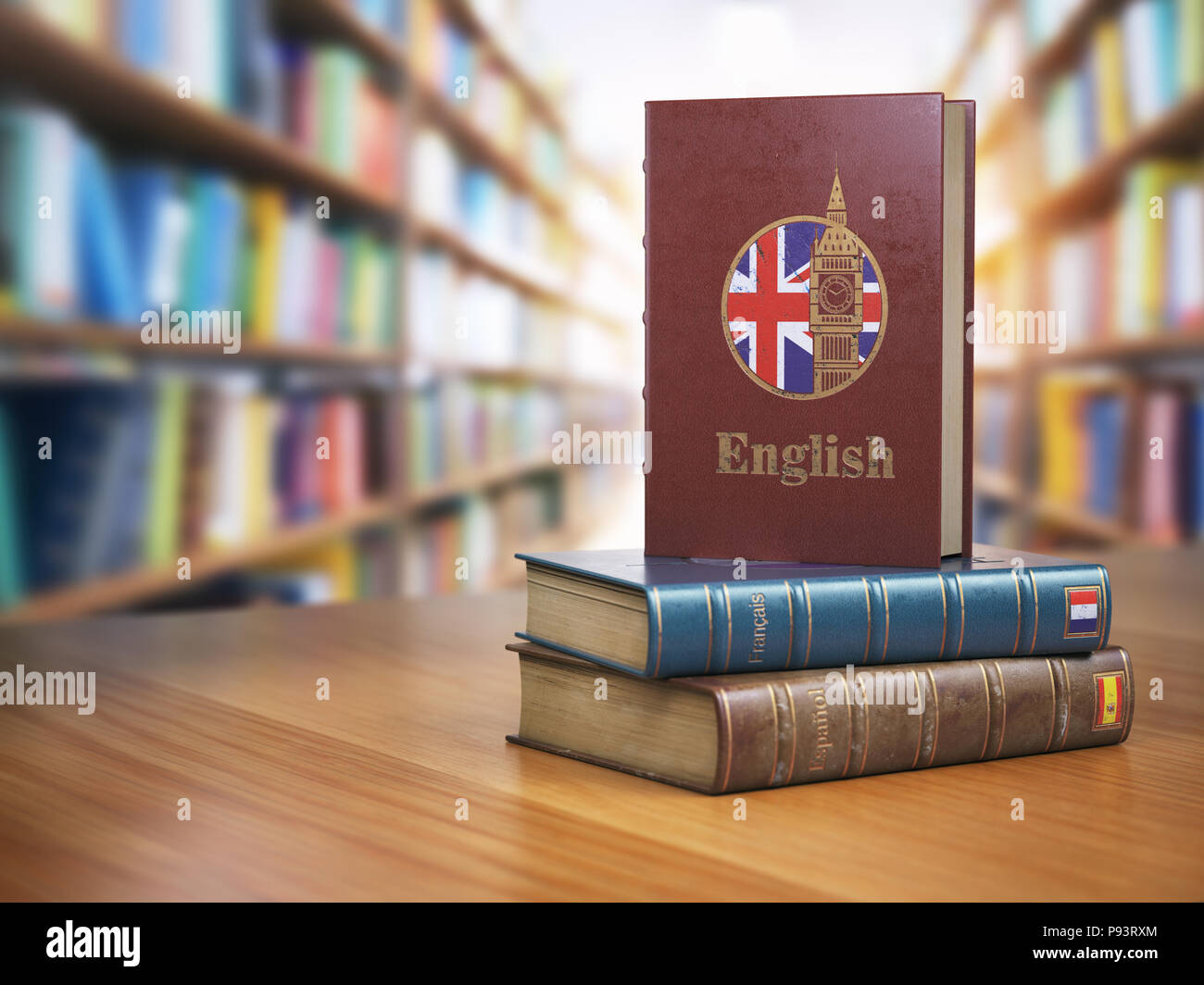 Apprendre l'anglais gratuit. Dictionnaire français-anglais livre ou textbok avec drapeau de Grande-Bretagne et tour de Big Ben sur la Cove dans la bibliothèque. 3d illustration Banque D'Images