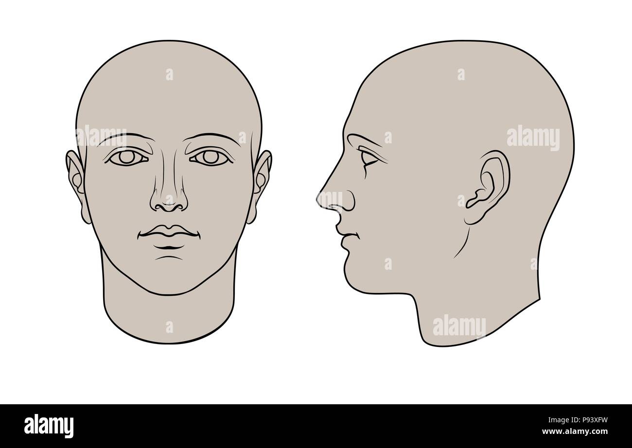 Tête humaine à la main en face et profil. Télévision déguisée vector isolé sur fond blanc. Les dessins peuvent être utilisés indépendamment les uns des autres. Illustration de Vecteur