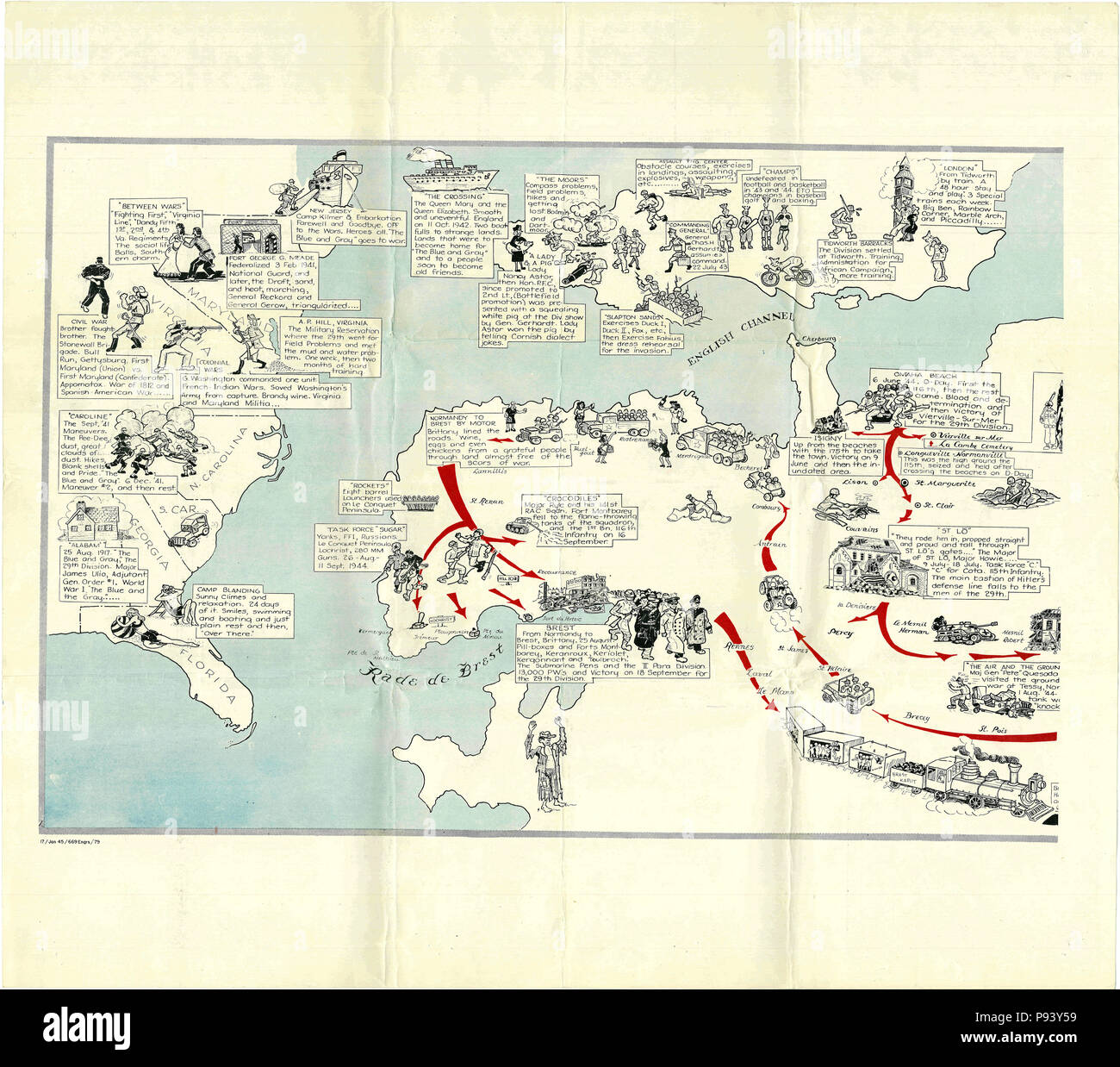 Illus Plan de la 29th us Infantry Division - Juin 1944 Cette carte illustrée indique la progression de la division de la formation dans les États-Unis et l'Angleterre à l'Allemagne à partir de Juin 6, 1944 - 11 1945 Banque D'Images