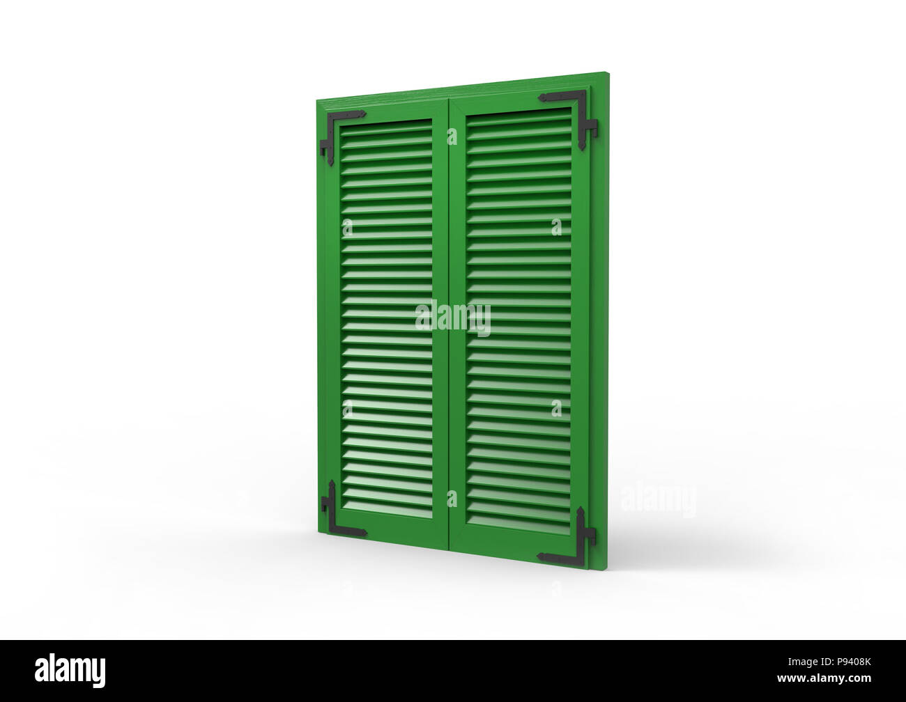 Fenêtre avec volets vénitiens vert gros plan, vue en perspective, rendu 3D. Banque D'Images