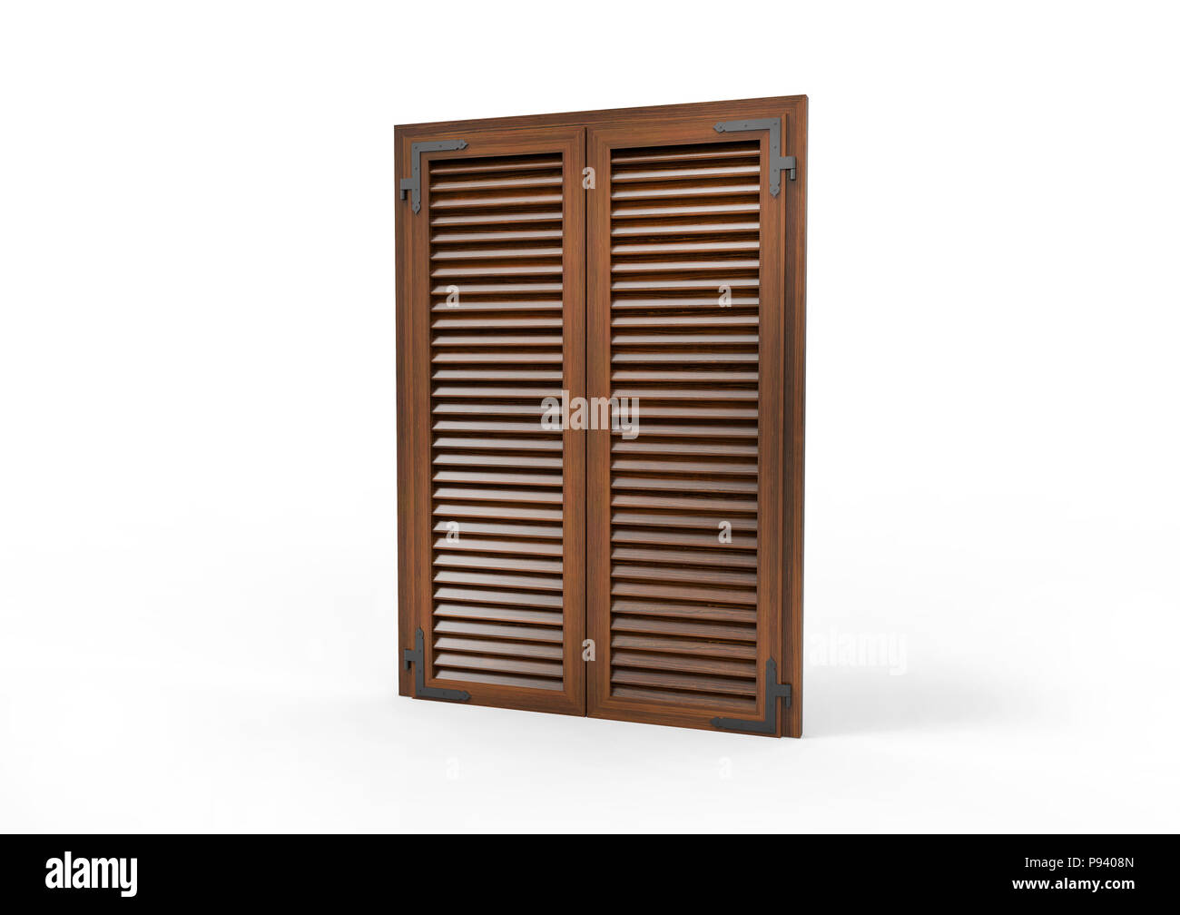 Fenêtre avec volets en bois, gros plan en perspective, rendu 3D. Banque D'Images