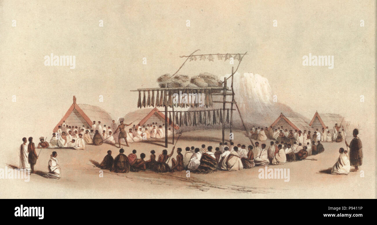 Un festin à Mata-ta, sur la côte Est - Les Néo-Zélandais illustré, 1847. Banque D'Images