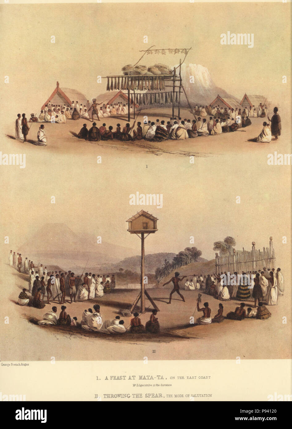 Un festin à MATA-TA, SUR LA CÔTE EST. Mt. Ino dans la distance. Jeter la lance. Le mode de salutation. Une partie des touristes qui viennent, les néo-zélandais illustré, 1847. Banque D'Images