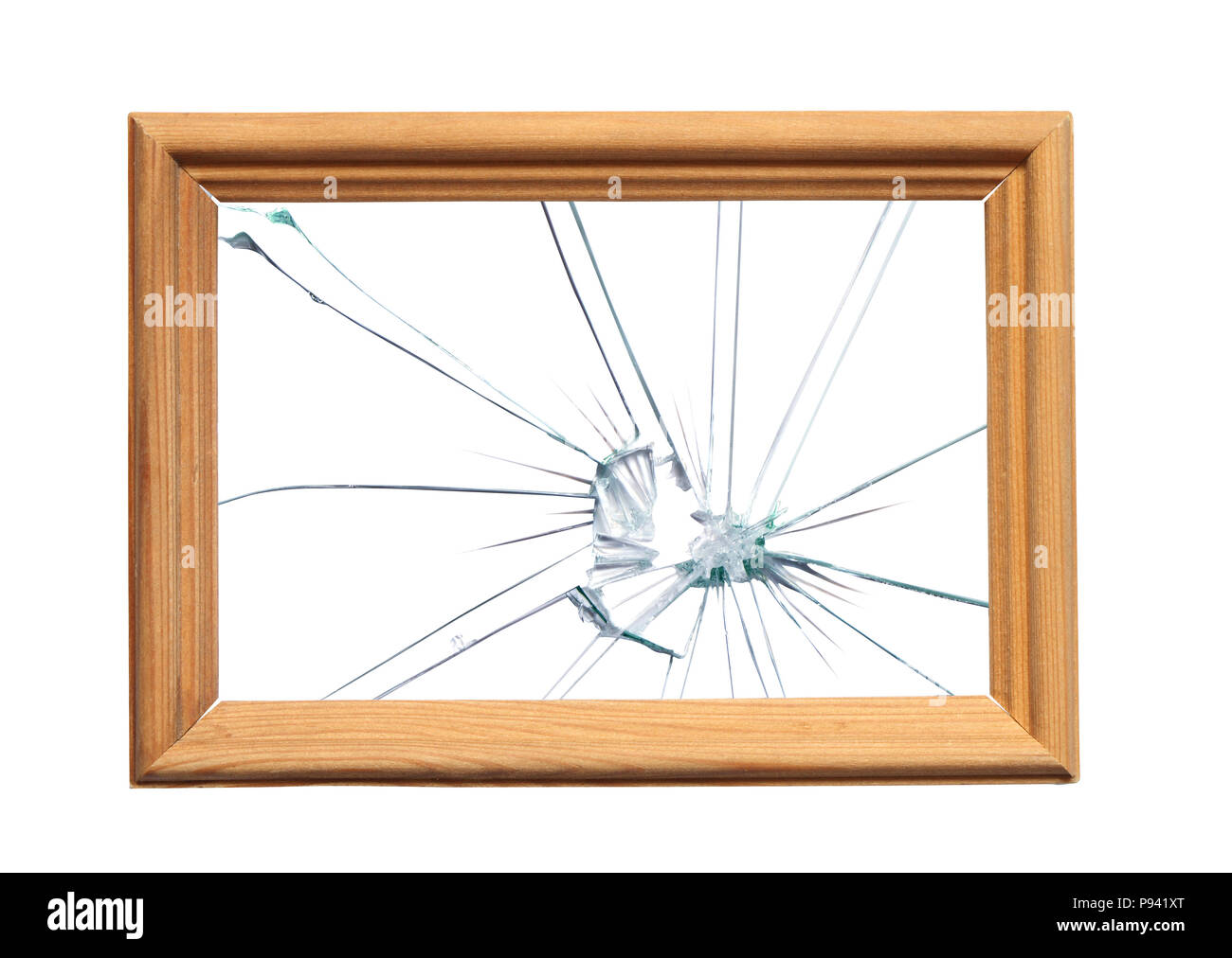 Cadre en bois avec du verre brisé pour vos images. Objet Avec clipping path Banque D'Images