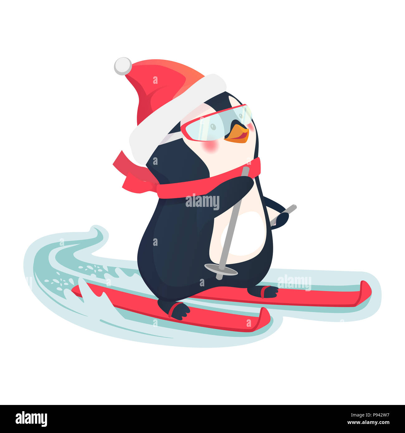 Penguin équitation sur des skis sur la neige. Penguin cartoon illustration. Banque D'Images