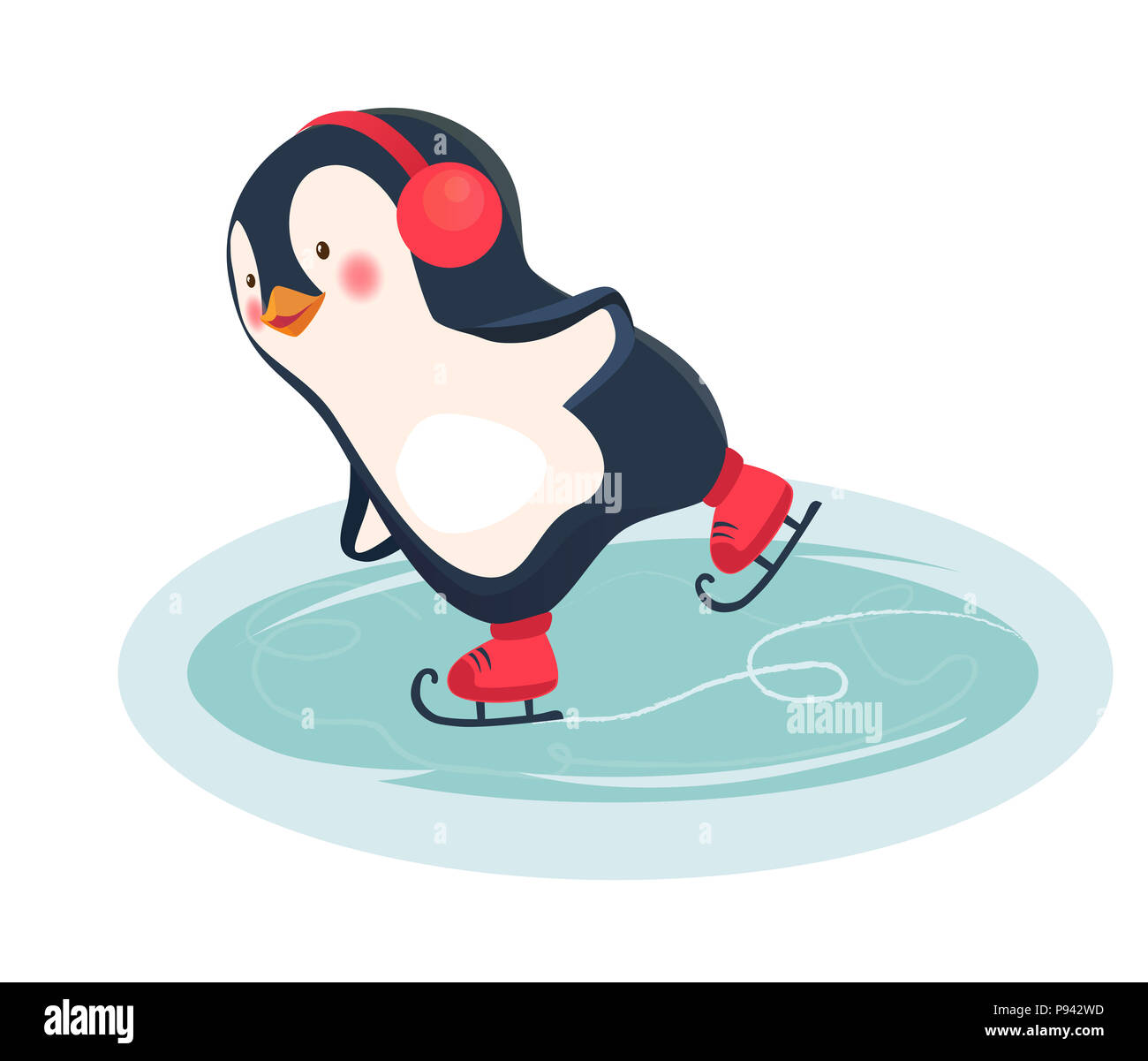 Penguin cartoon. Penguin des patins à glace sur une patinoire en hiver illustration. Banque D'Images