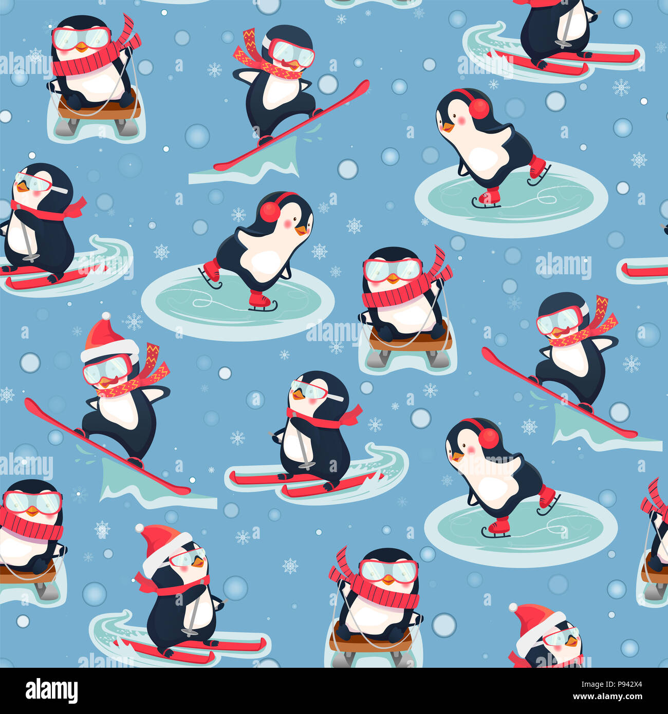 Modèle transparent avec des pingouins. Motif animaux. Activités de loisirs en hiver. Penguin cartoon illustration. Banque D'Images