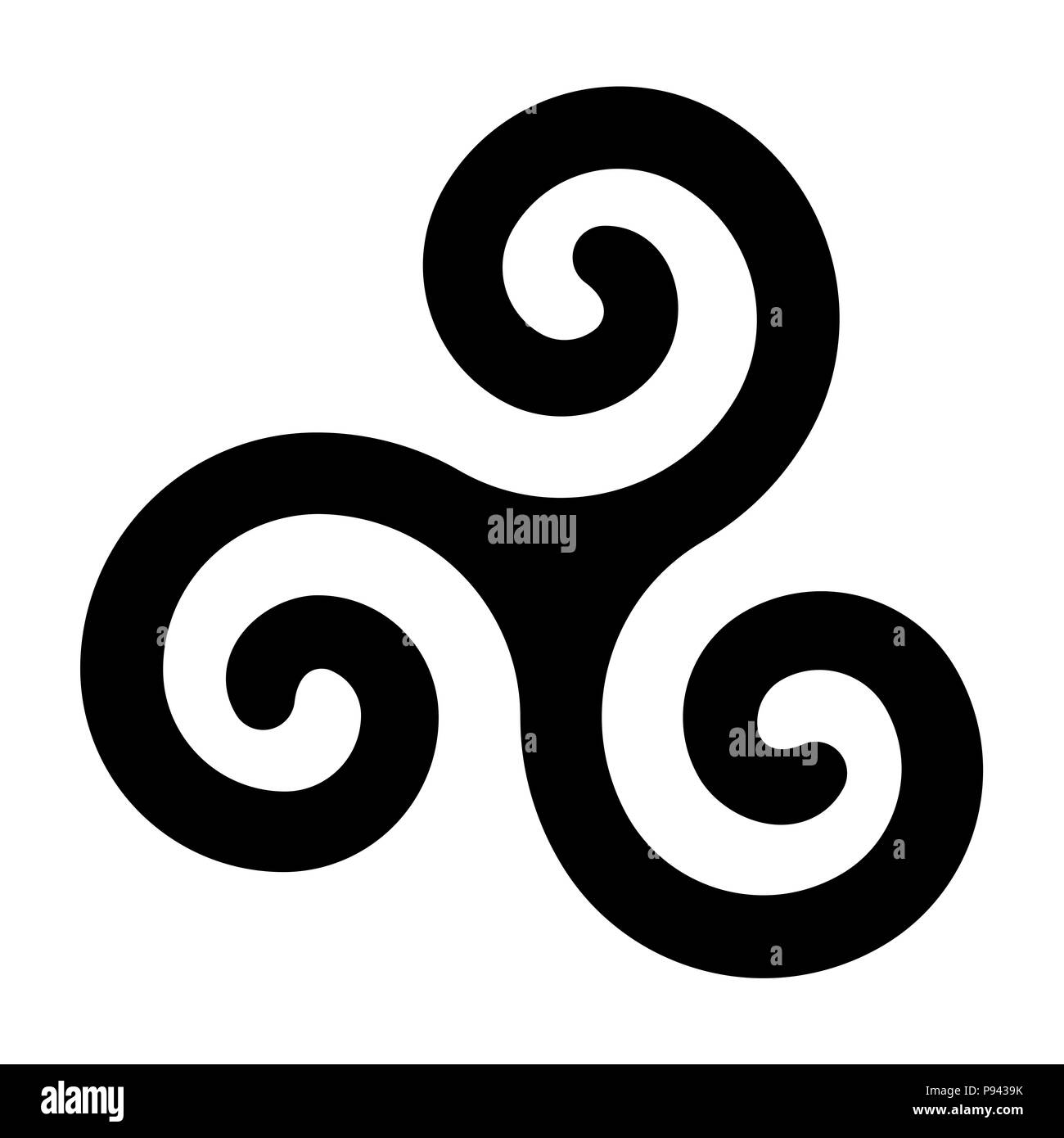 Spirale triskele celtique noir sur fond blanc. Le Triskèle. Un motif composé d'une spirale triple présentant une symétrie rotationnelle. Twisted spirales. Banque D'Images