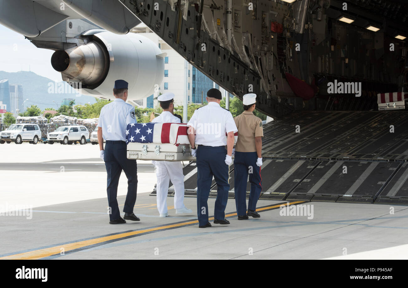 Service aux États-Unis, les membres affectés à la défense nationale POW/MIA Agence Comptable (DPAA), effectuer un transfert au cours d'une cérémonie de rapatriement, Da Nang, République socialiste du Vietnam, le 8 juillet 2018. La cérémonie a été menée à l'appui de la DPAA a pour mission d'assurer au mieux de nos comptables employés manquants à leurs familles et à la nation. (U.S. Photo par marine Spécialiste de la communication de masse 2e classe Claire Farin) Banque D'Images