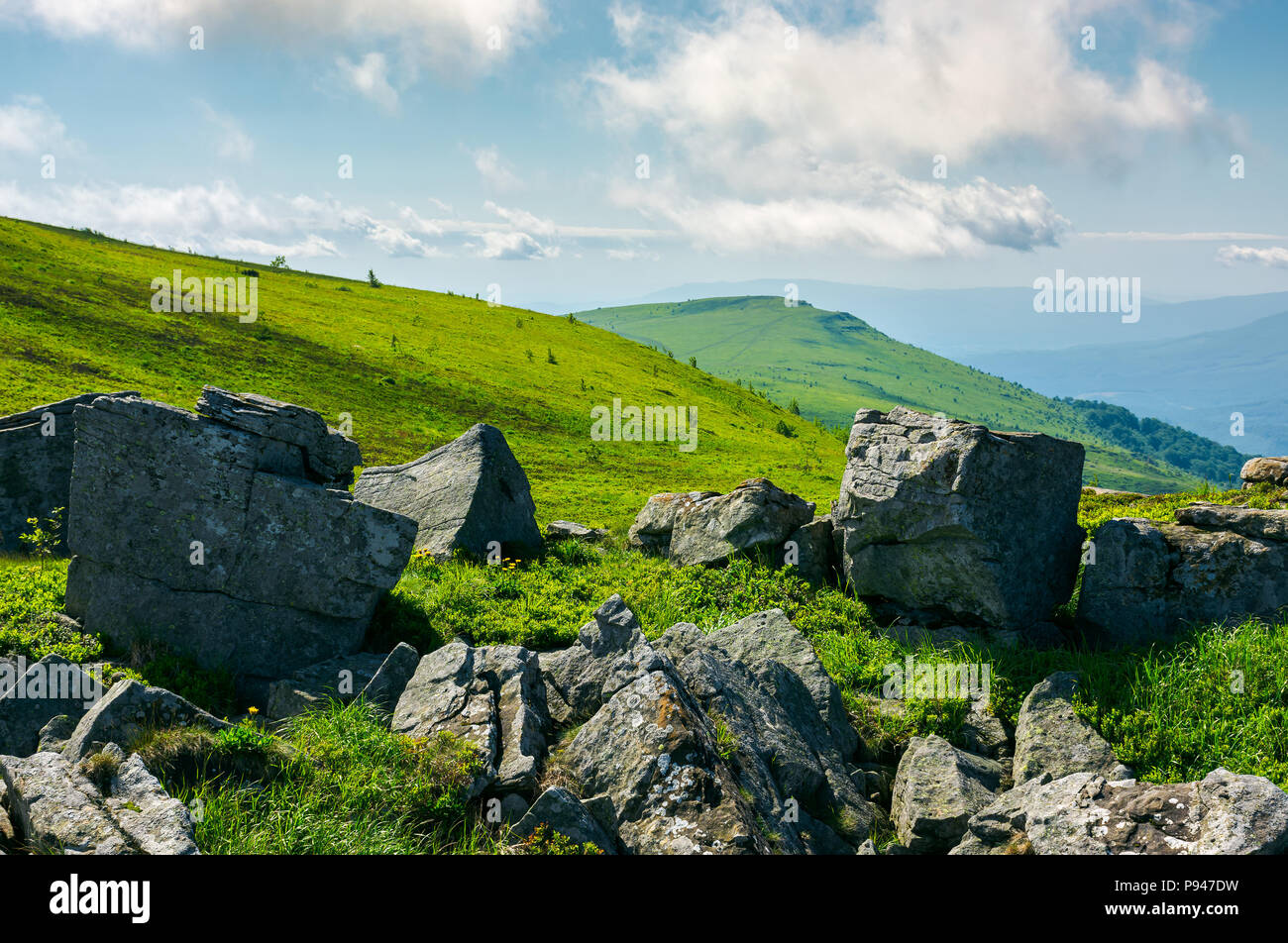 D'énormes formations rocheuses sur l'herbe des collines. magnifique paysage de montagne à la fin de l'été sur un jour nuageux. location montagne Runa, Ukraine Banque D'Images