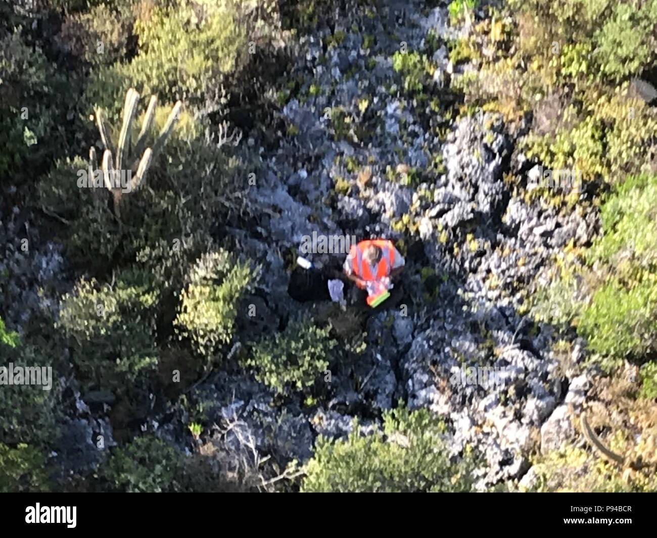 L'équipage d'un MH-65 de la Garde côtière canadienne à partir de l'hélicoptère Dauphin Air Station Borinquen a sauvé un chasseur disparu le 13 juillet 2018 sur l'île de Mona, à Porto Rico. L'homme de 60 ans, qui prétendait être désorienté, a été hissé à bord de l'avion et transporté au ministère des Ressources naturelles et sur la station de Park Rangers Mona Island, où il a été réuni à sa partie de chasse. (U.S. Photo de la Garde côtière canadienne) Banque D'Images