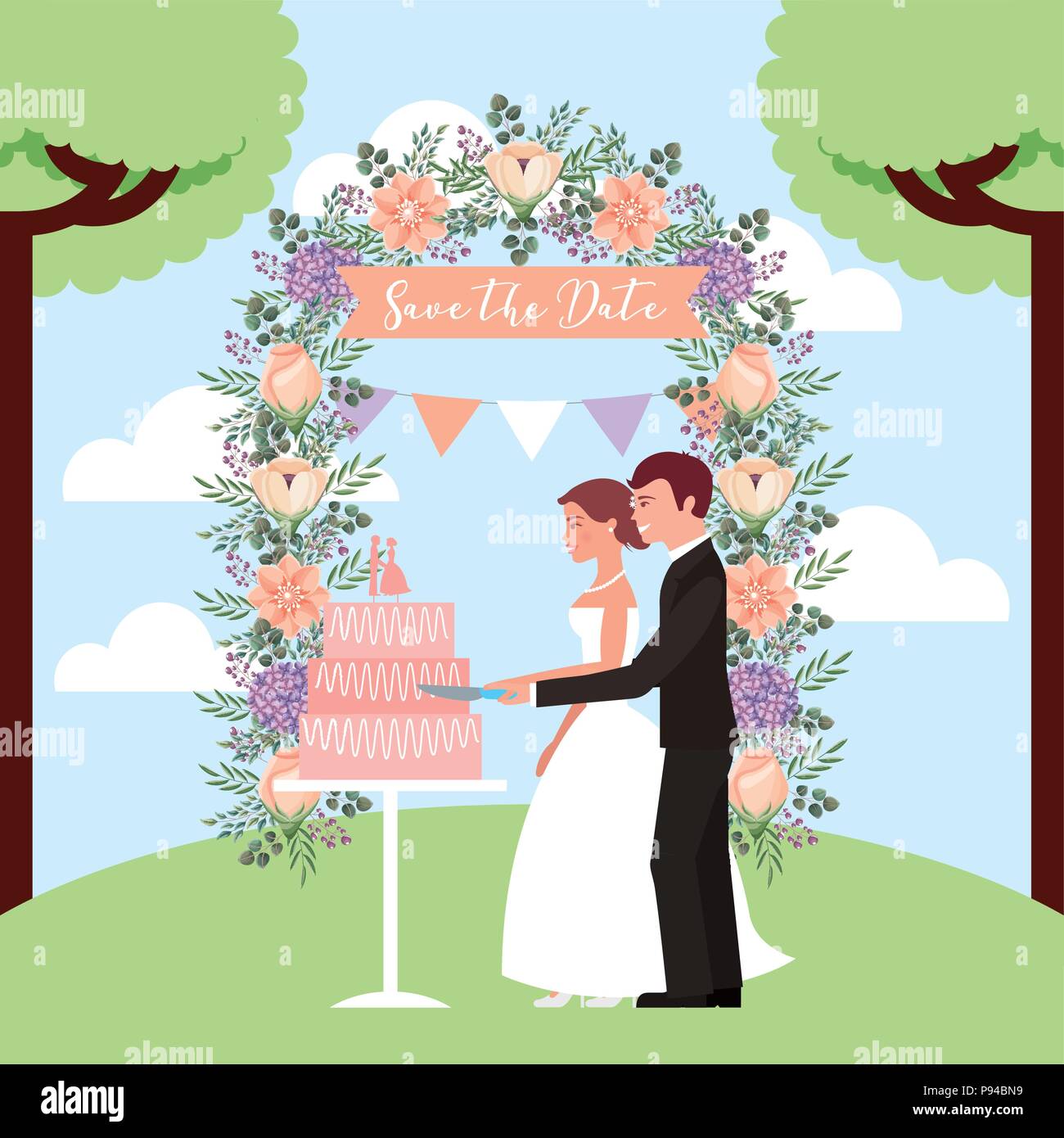 Gâteau de mariage coupe couple fleurs arch save the date vector illustration Illustration de Vecteur