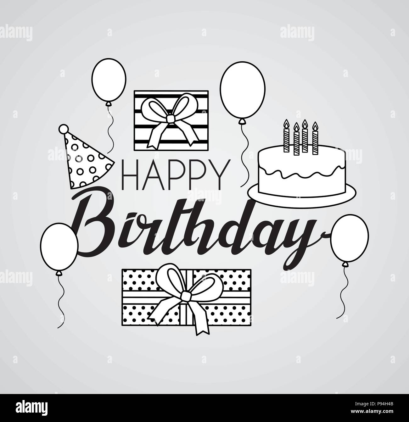 Happy birthday card draw ballons chapeaux gâteau sign vector illustration  Image Vectorielle Stock - Alamy