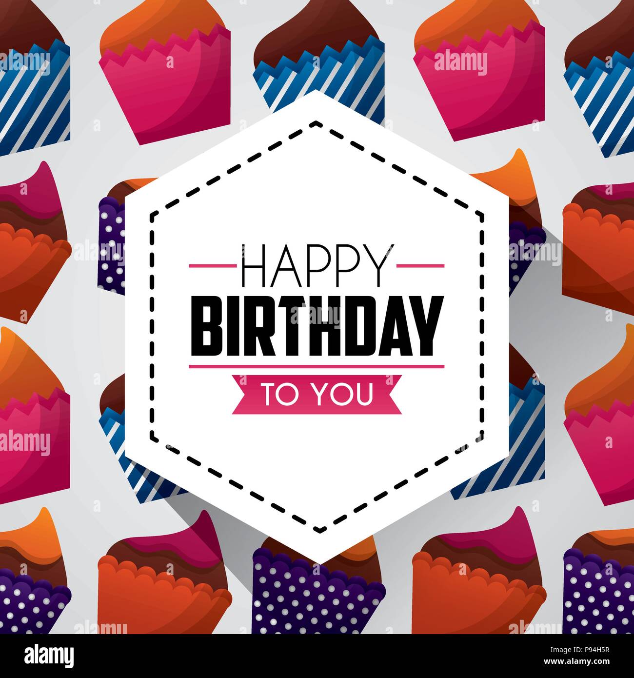 Joyeux anniversaire ruban autocollant carte différents gâteaux signe favorable fond vector illustration Illustration de Vecteur