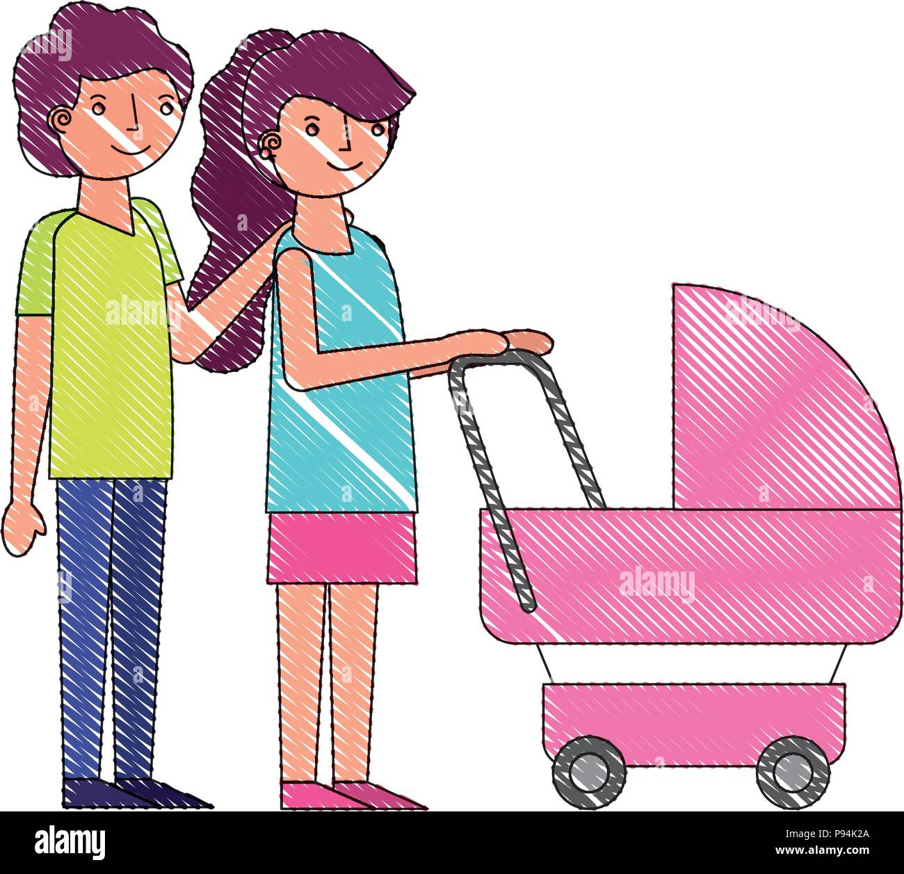 Couple Avec Poussette De Bebe Famille Dessin Illustration Vectorielle Image Vectorielle Stock Alamy