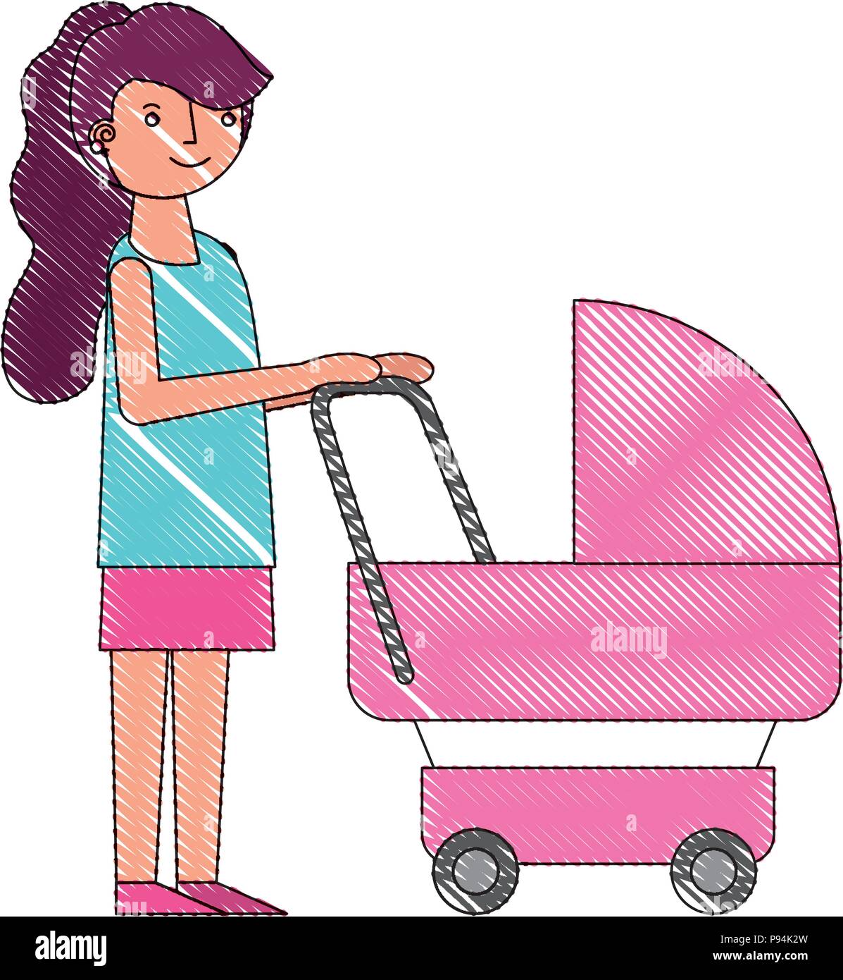 Jolie Maman Avec Poussette De Bebe Dessin Illustration Vectorielle Image Vectorielle Stock Alamy