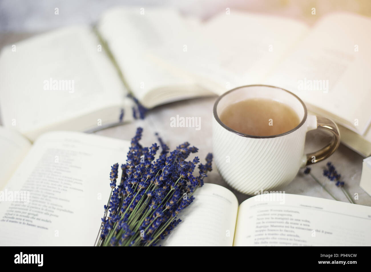 Livres ouverts des fleurs de lavande, vintage tea cup Banque D'Images