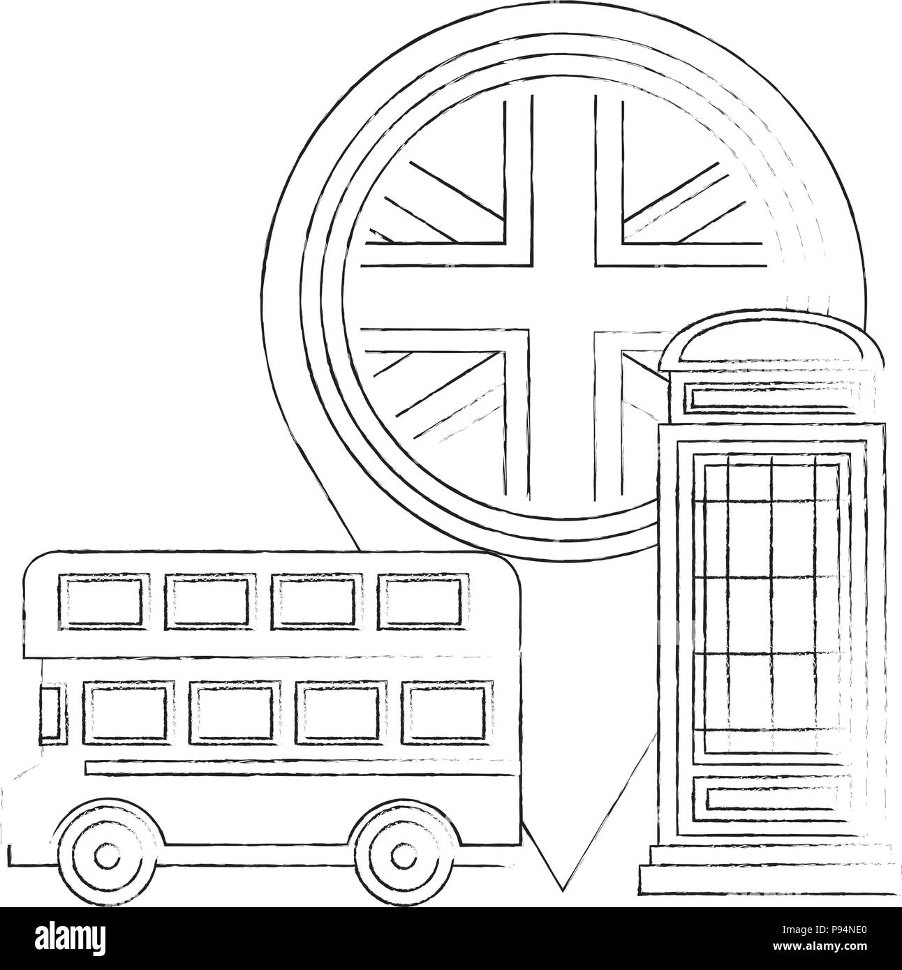 London bus à impériale téléphone fort et d'un drapeau l'emplacement de la broche Illustration de Vecteur