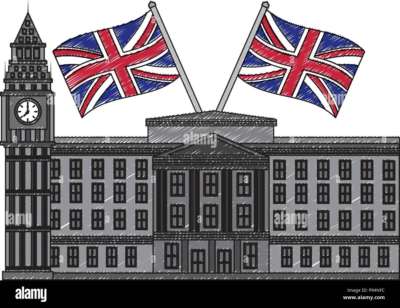 Le palais de Buckingham en Angleterre drapeaux croisés Illustration de Vecteur