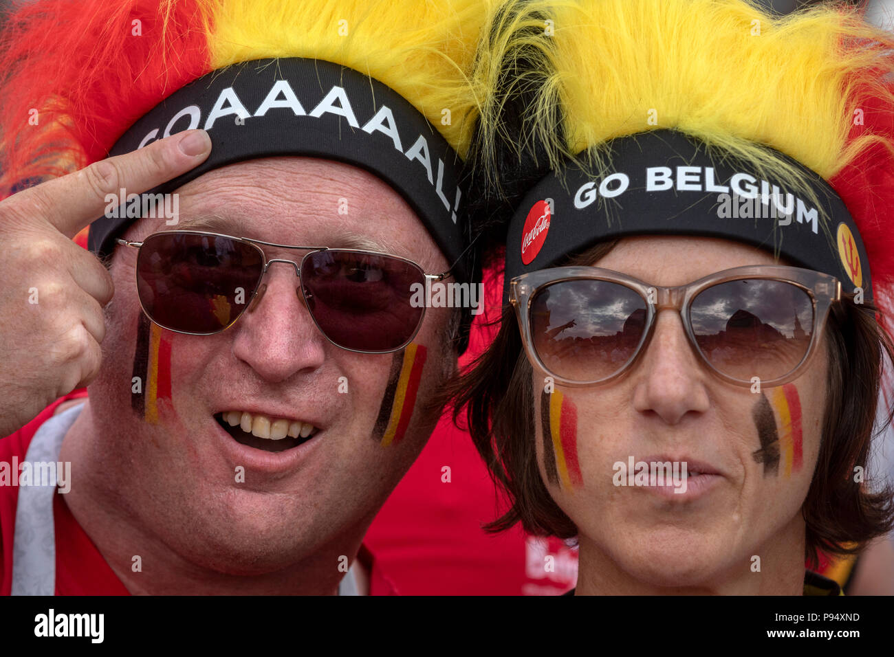 Moscou, Russie. 14, juillet 2018. Les fans de football belge cheer de Moscou festival du ventilateur pendant le jeu La Belgique contre l'Angleterre de la Coupe du Monde FIFA 2018 Russie Crédit : Nikolay Vinokourov/Alamy Live News Banque D'Images