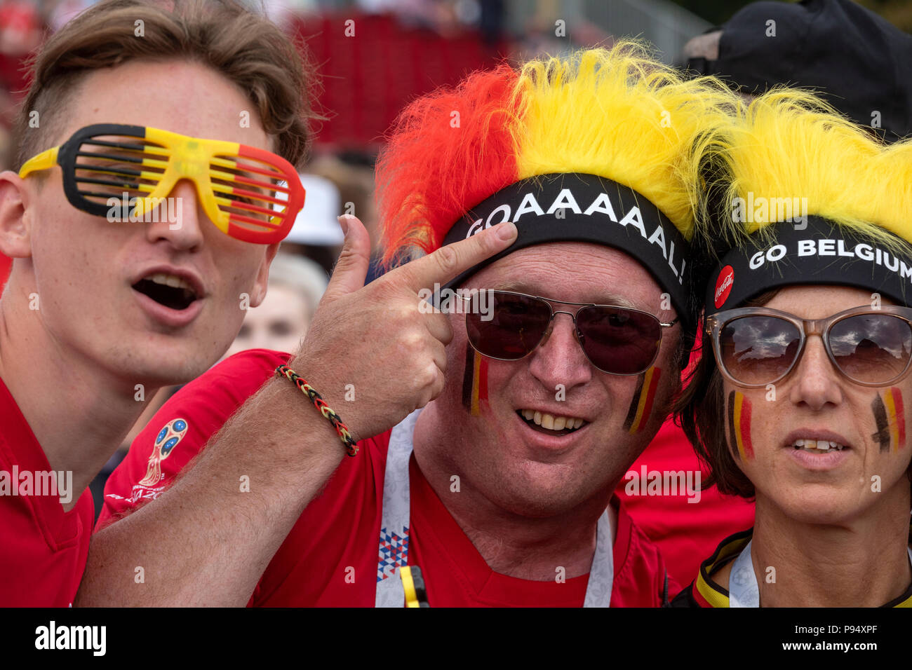 Moscou, Russie. 14, juillet 2018. Les fans de football belge cheer de Moscou festival du ventilateur pendant le jeu La Belgique contre l'Angleterre de la Coupe du Monde FIFA 2018 Russie Crédit : Nikolay Vinokourov/Alamy Live News Banque D'Images
