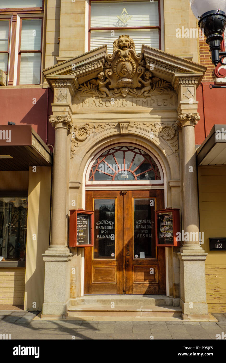Hiram Winchester 21 aucune loge maçonnique, 118 North Loudoun Street, centre commercial piétonnier de la vieille ville, Winchester, Virginia Banque D'Images