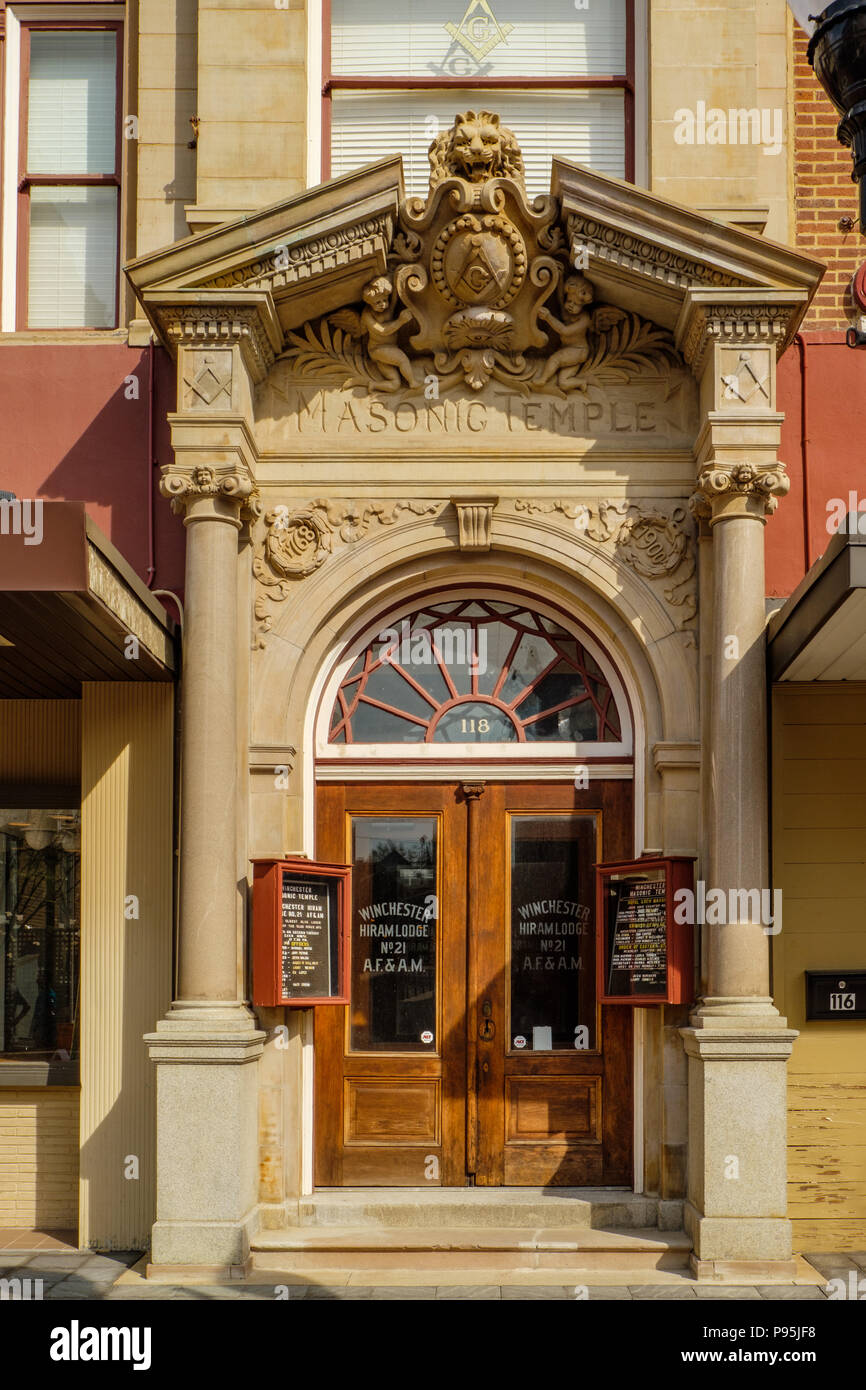 Hiram Winchester 21 aucune loge maçonnique, 118 North Loudoun Street, centre commercial piétonnier de la vieille ville, Winchester, Virginia Banque D'Images