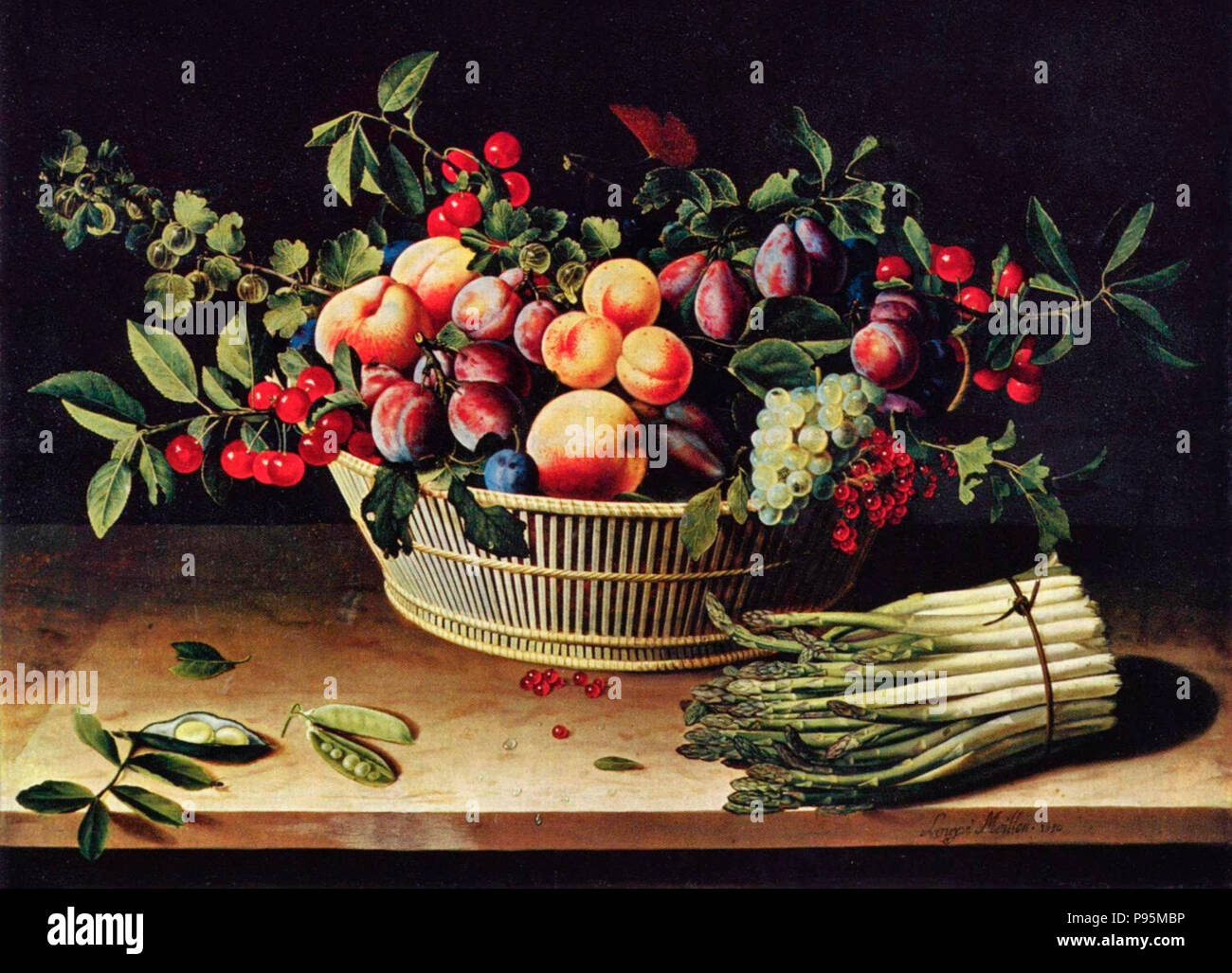 Nature morte avec un panier de fruits et un bouquet d'Asperges - Louise Moillon, vers 1630 Banque D'Images