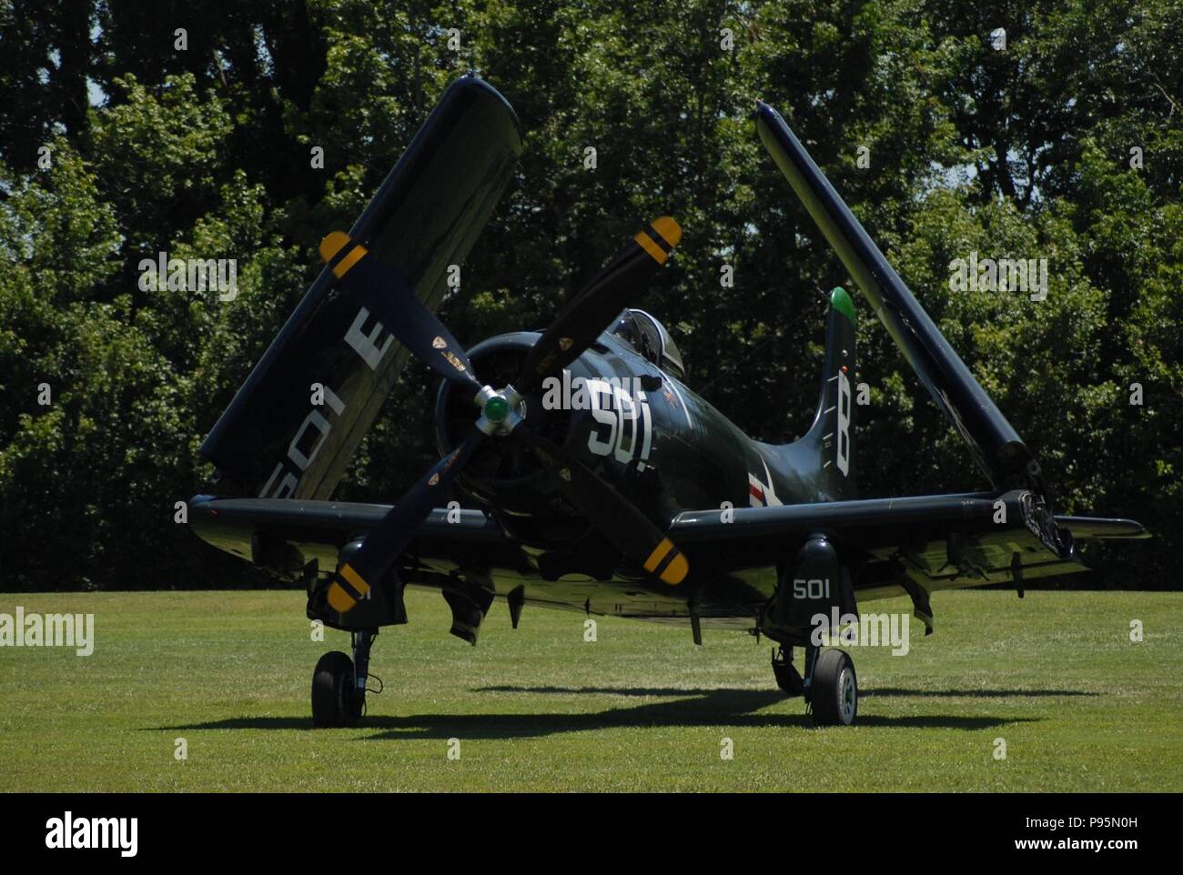 Un AD-4 Skyraider Douglas, piloté par l'ancien pilote de l'US Navy Kevin Sinibaldi, plie ses ailes à l'issue d'un vol réussi une démonstration à la Musée de l'aviation militaire à Virginia Beach, en Virginie. Ce Skyraider est un des rares exemples de navigabilité trouvés à l'échelle nationale. (US Navy Photo de l'officier des affaires publiques civiles Max/Lonzanida) Parution Banque D'Images