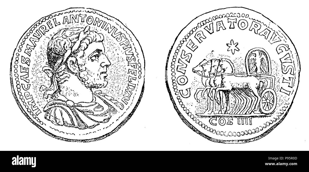 Coin portrait de l'Elagabalus. Médaille de bronze de l'an 222. À l'arrière, le Quadrige avec l'idole du dieu solaire d'émèse. Après Fröhner, 1899 Banque D'Images