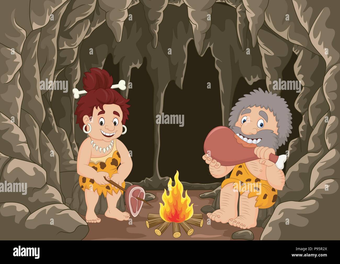 Cartoon prehistoric caveman couple avec cave background Illustration de Vecteur