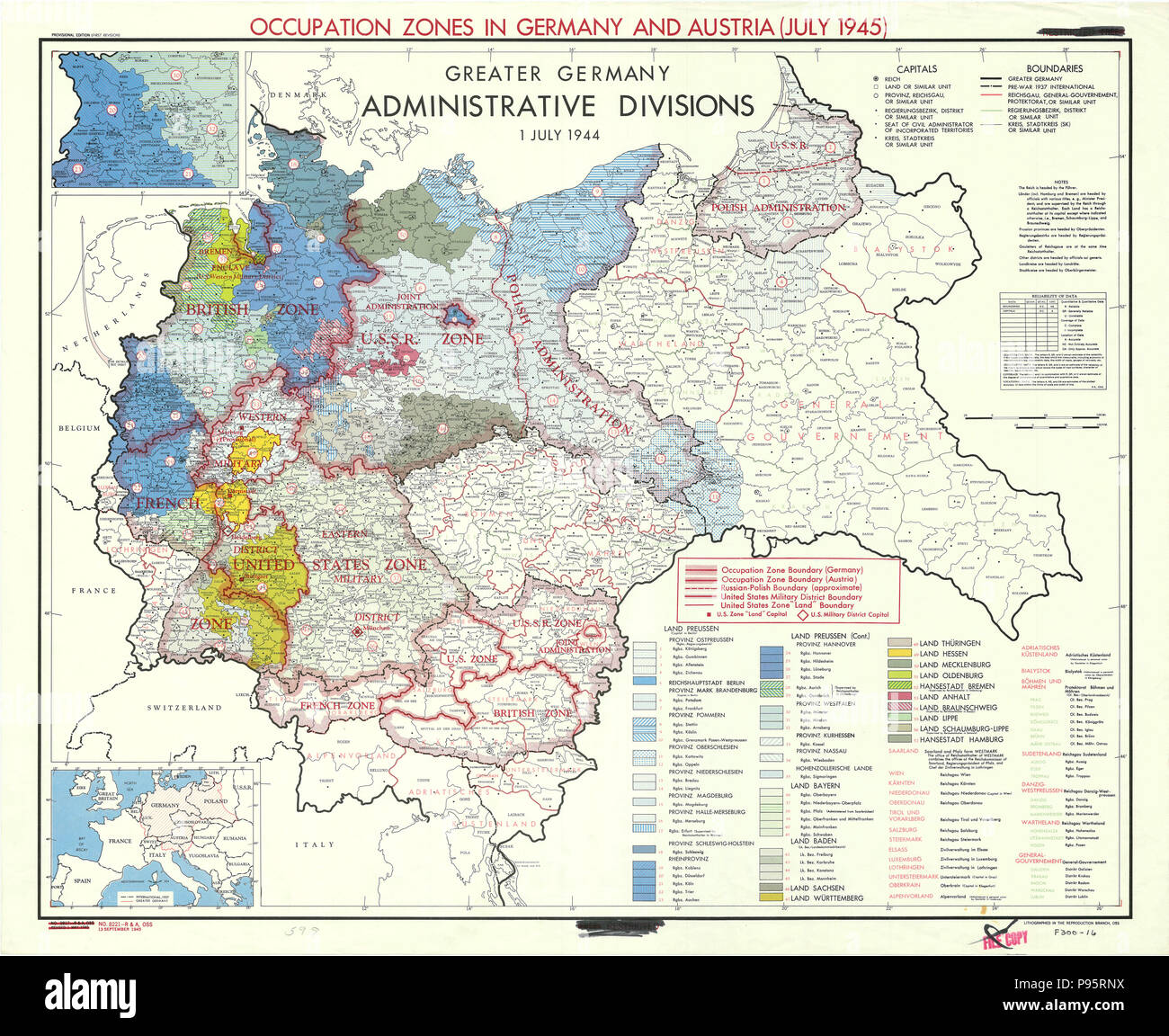 Carte montrant les zones d'occupation en Allemagne et en Autriche - Juillet 1945 Banque D'Images
