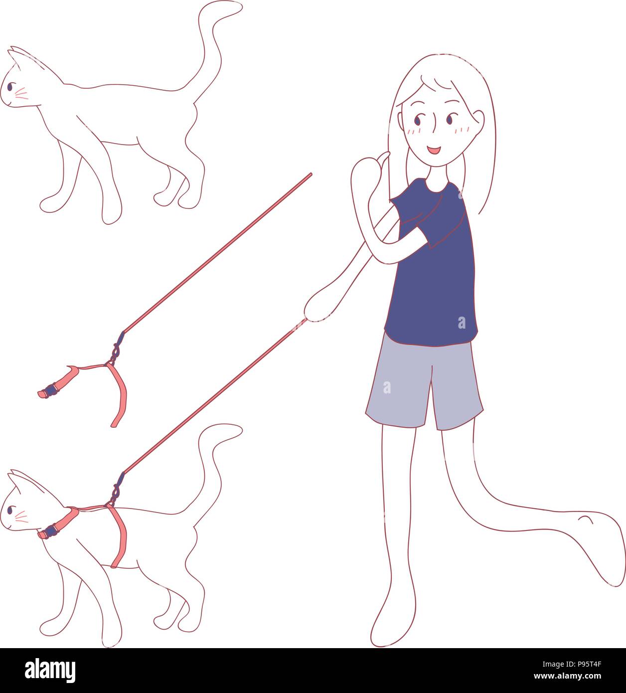 Cat Walk en laisse par fille. Vector Illustration. isolé sur fond blanc. Illustration de Vecteur