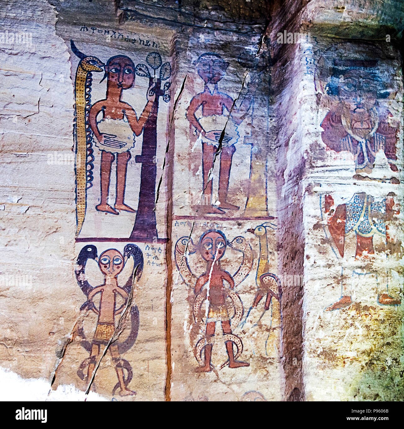La chute de l'homme, la fresque dans l'intérieur de l'église de roche Debre Maryam Qorqor, Gheralta, Tigray, Éthiopie Banque D'Images
