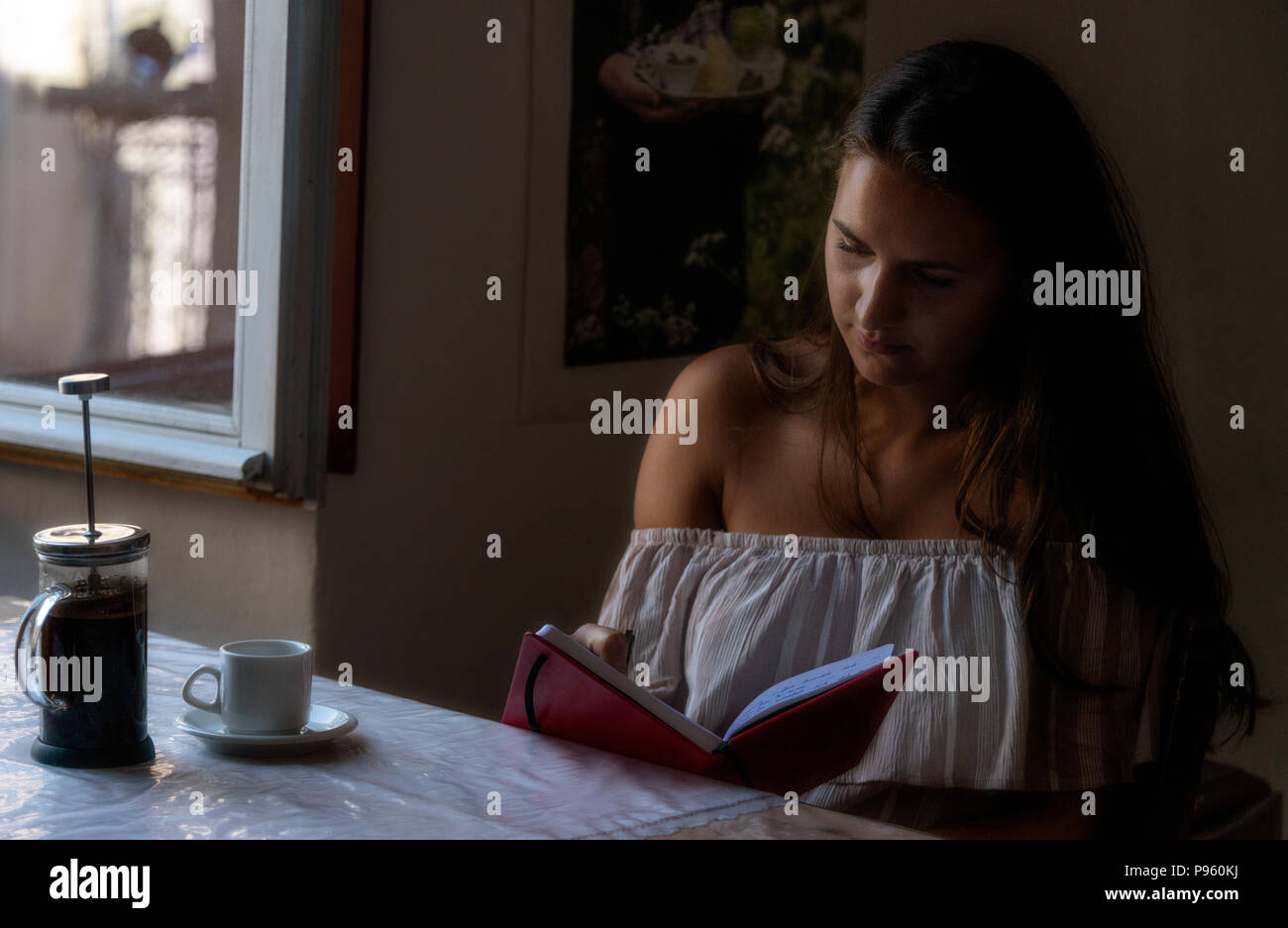 Jeune femme seule, en français café, avec une cafetière à piston et d'ordinateurs portables, illuminée par l'éclairage de la fenêtre. Banque D'Images