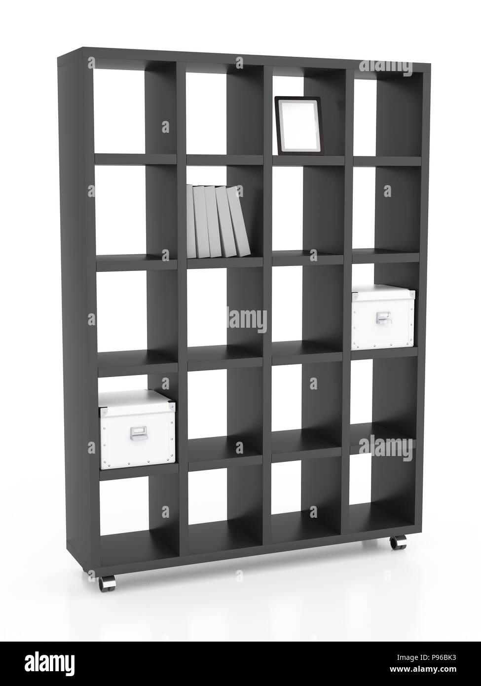 Livre noir rack isolé sur fond blanc.  : Chemin de détourage. 3D render Banque D'Images