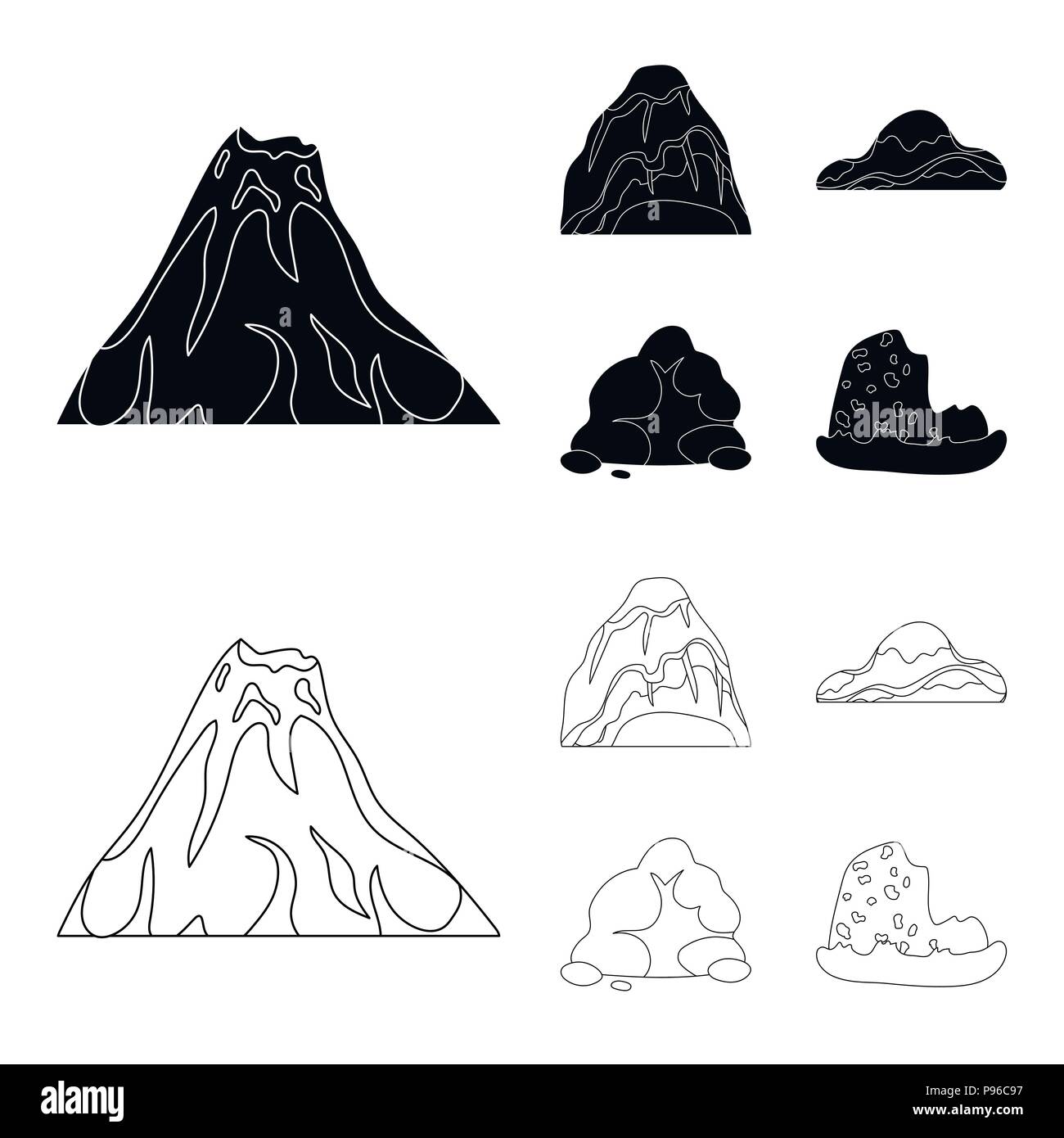 Des rochers, une montagne arrondie, rochers dans la mer. Différentes montagnes collection set icônes de style du contour noir, symbole vecteur illustration de stock . Illustration de Vecteur