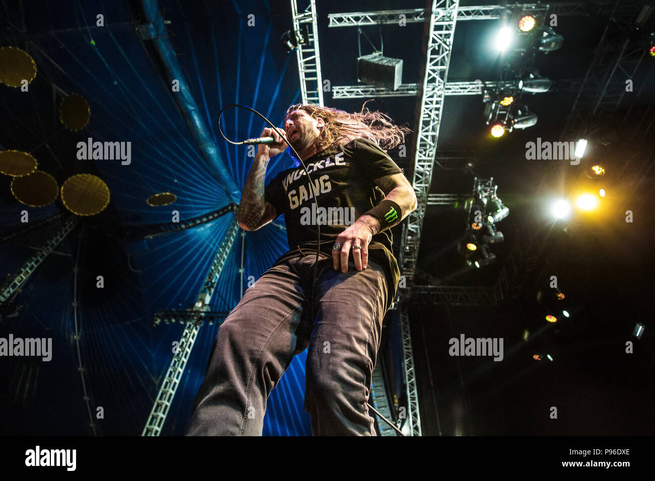 Le Danemark, Roskilde - Juillet 7, 2018. L'American harcore Madball bande effectue un concert live au cours de la Danish music festival Festival de Roskilde en 2018. Ici le chanteur Freddy Cricien est sene sur scène. (Photo crédit : Gonzales Photo - Peter Troest). Banque D'Images