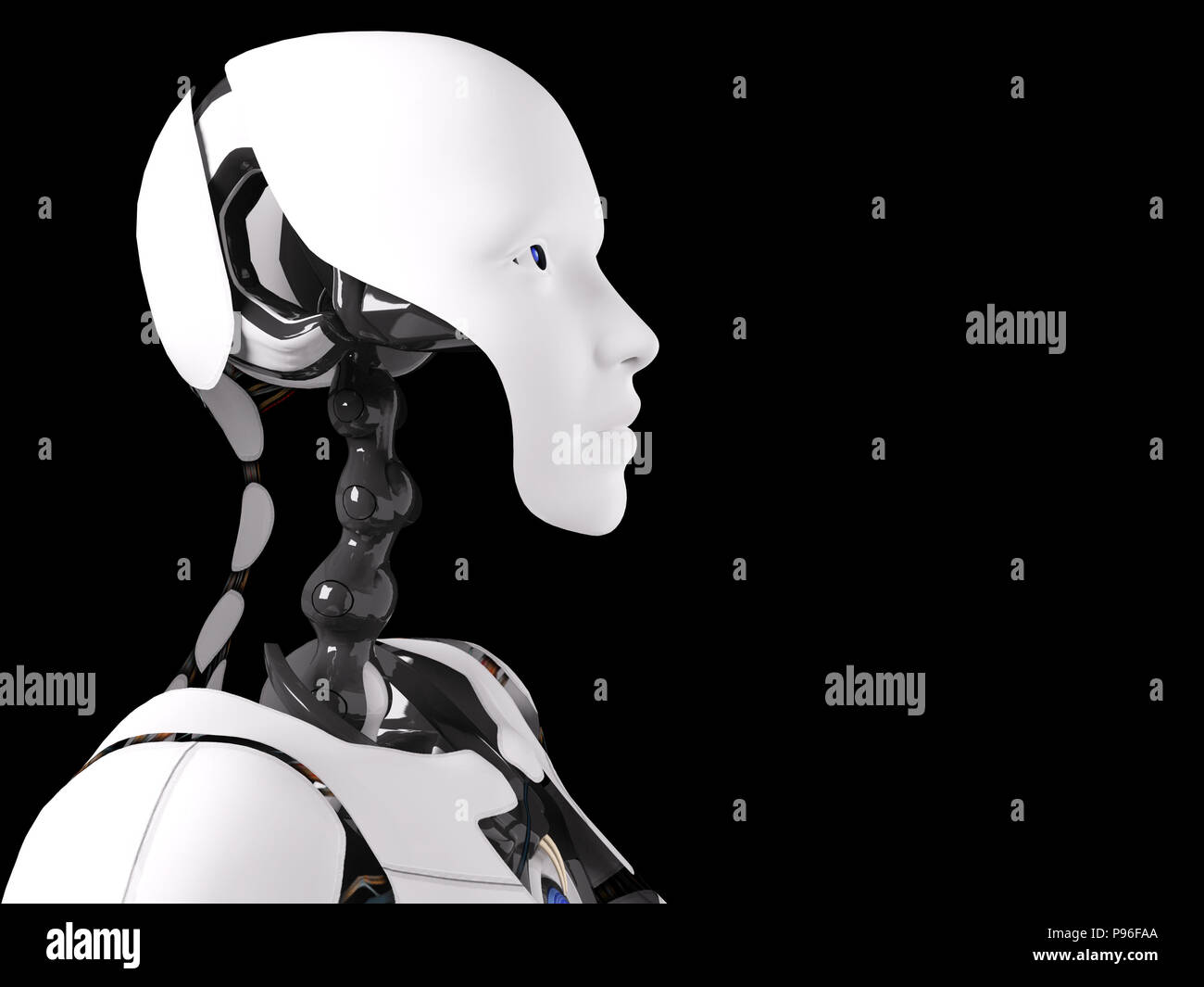 Tête portrait d'une femme robot, rendu 3D. Fond noir. Banque D'Images