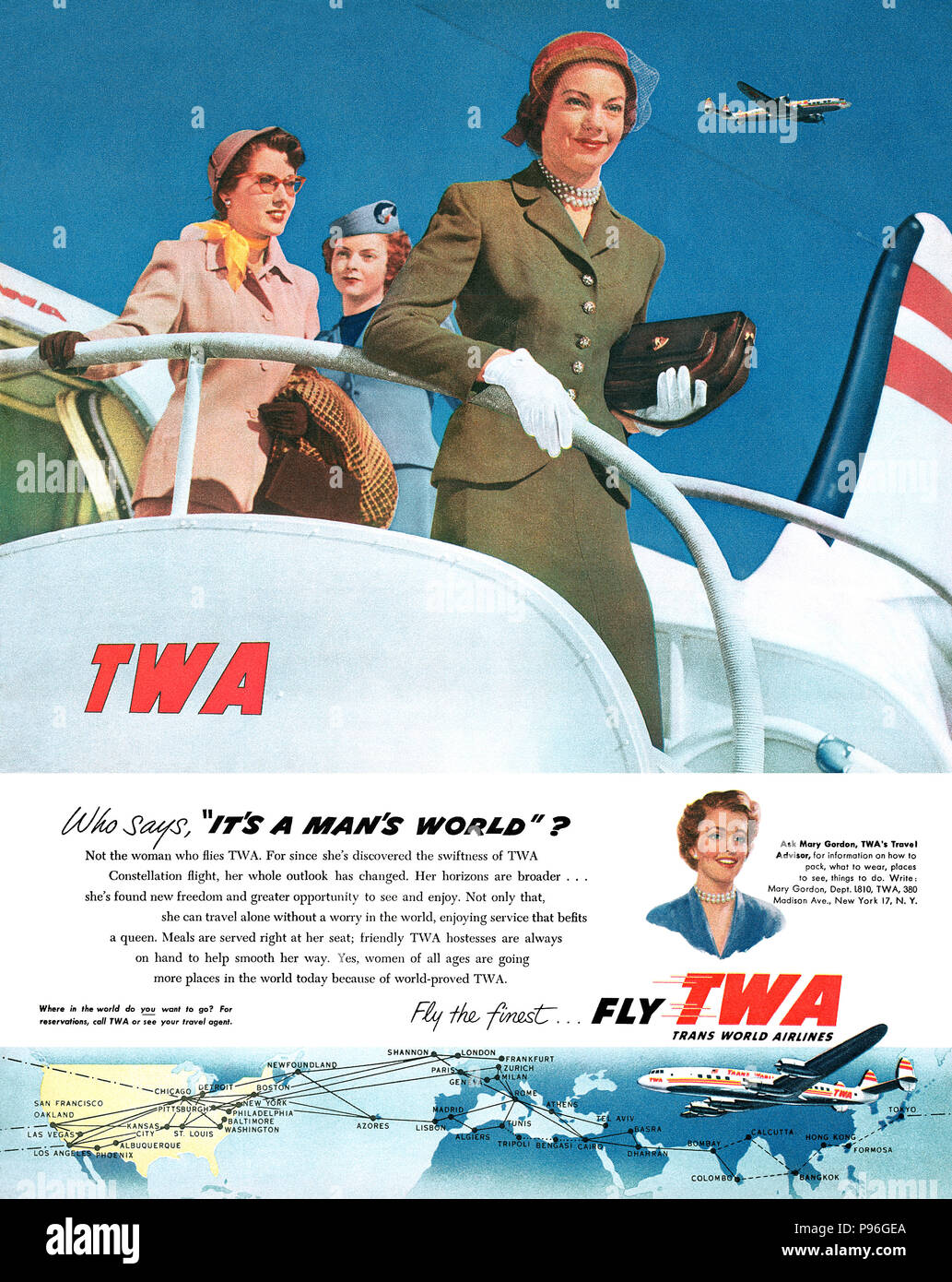 1954 publicité américaine pour Trans World Airlines. Banque D'Images
