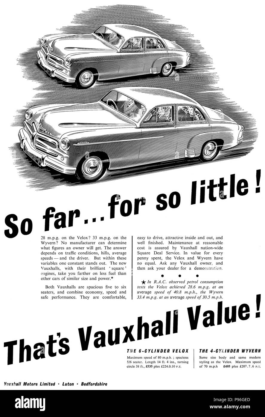 1954 La publicité pour la Vauxhall Velox et Wyvern motor cars. Banque D'Images