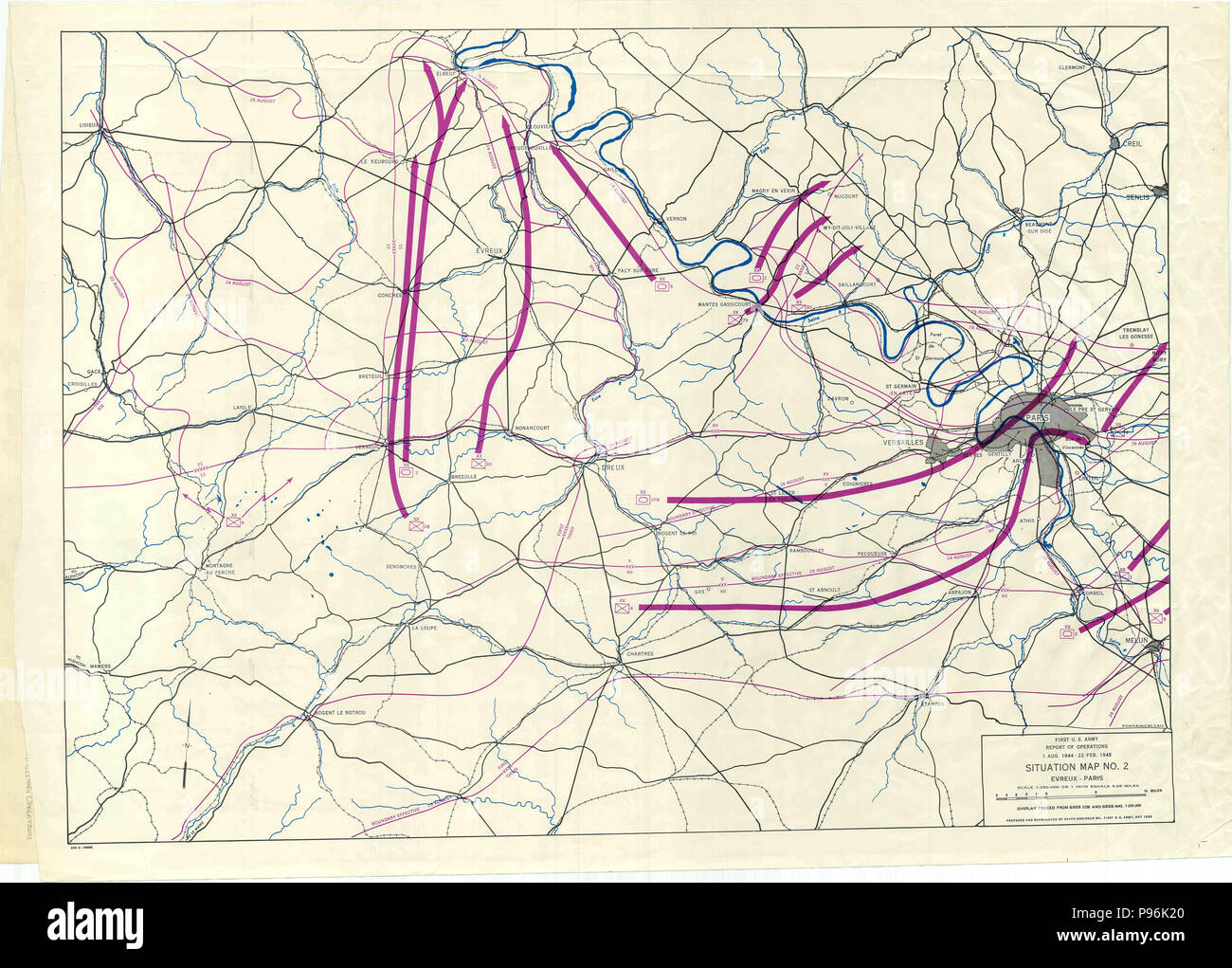 France Guerre Mondiale 2 Carte - Carte de Situation no 2 - Evreux - Paris - 1 août 1944 - 22 Février 1945 Premier rapport d'opérations de l'Armée américaine Banque D'Images
