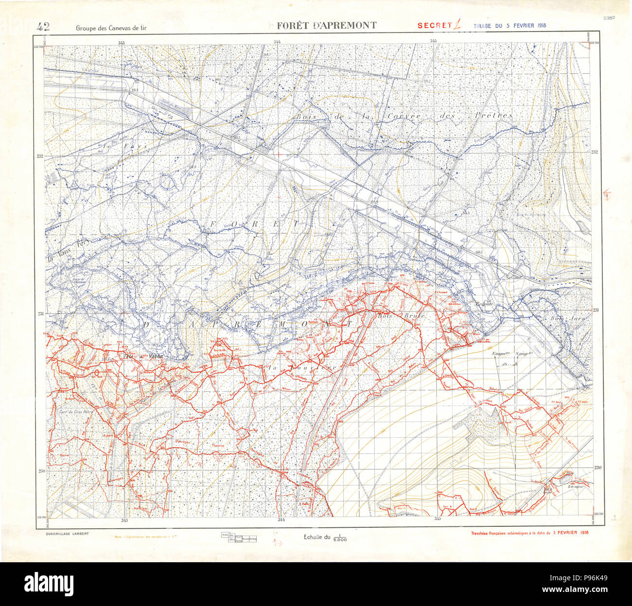 La Première Guerre mondiale Carte - Carte de tranchée, forêt d'Apremont 5 févr. 1918 Banque D'Images